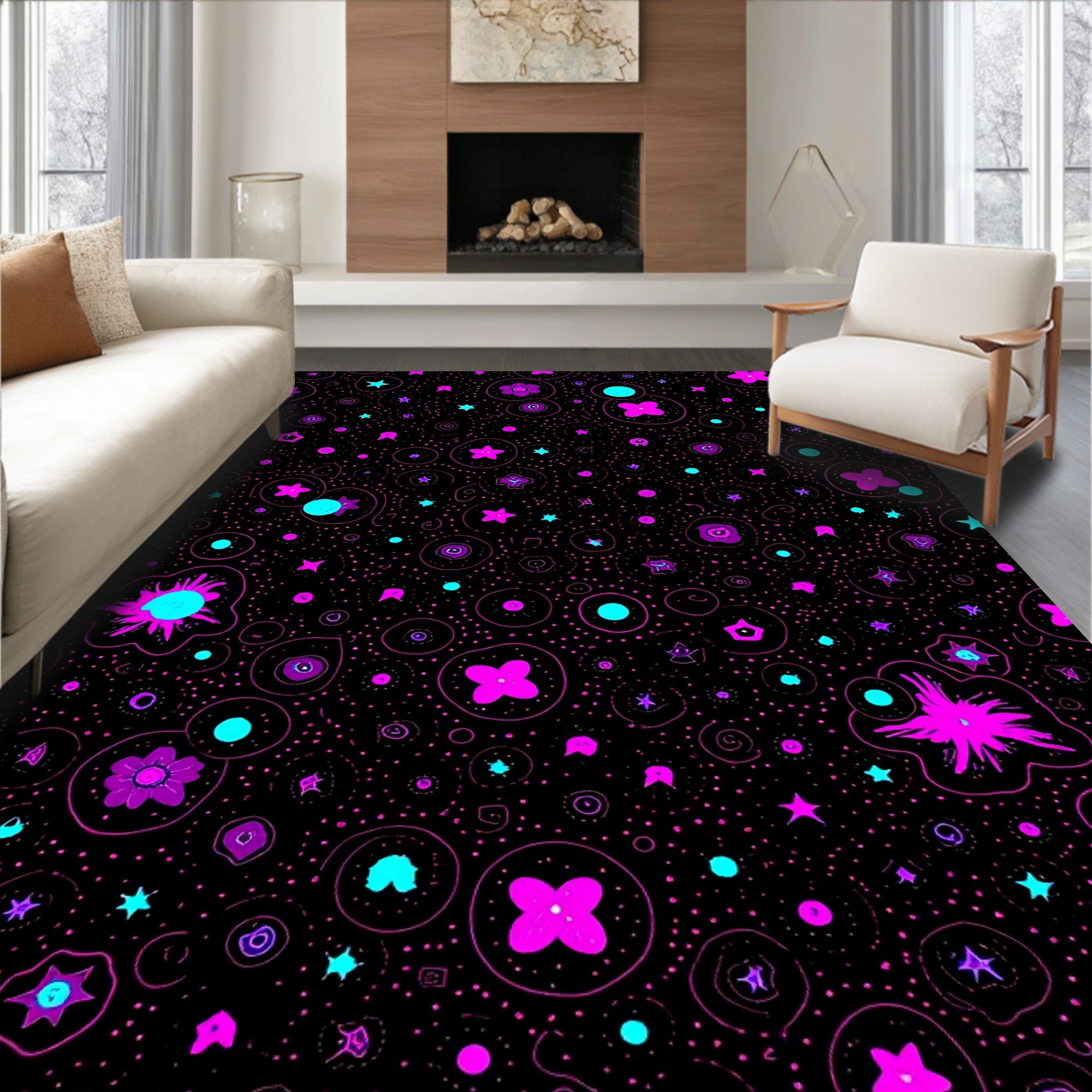 Neon Pink Teal Cosmic Stars Flowers Rug