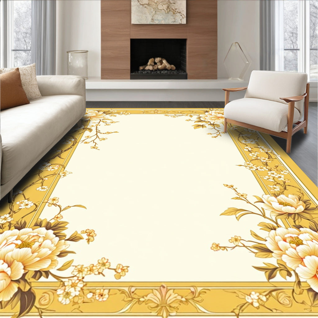 Golden Floral Botanical Border Design Rug