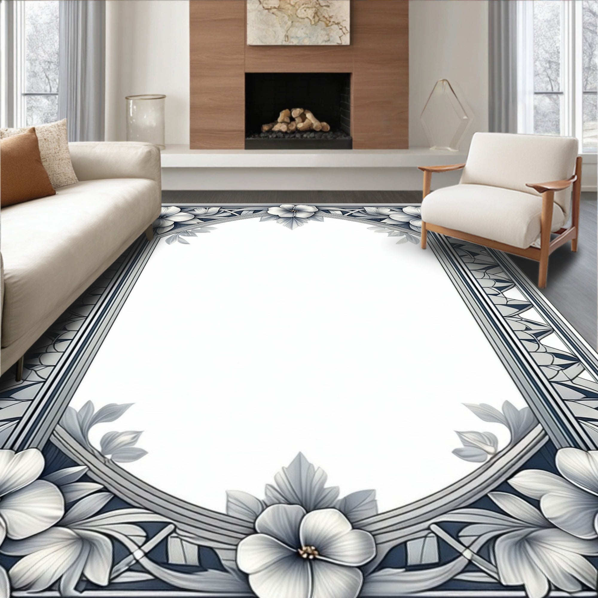 Elegant Art Deco Floral Border Design Rug