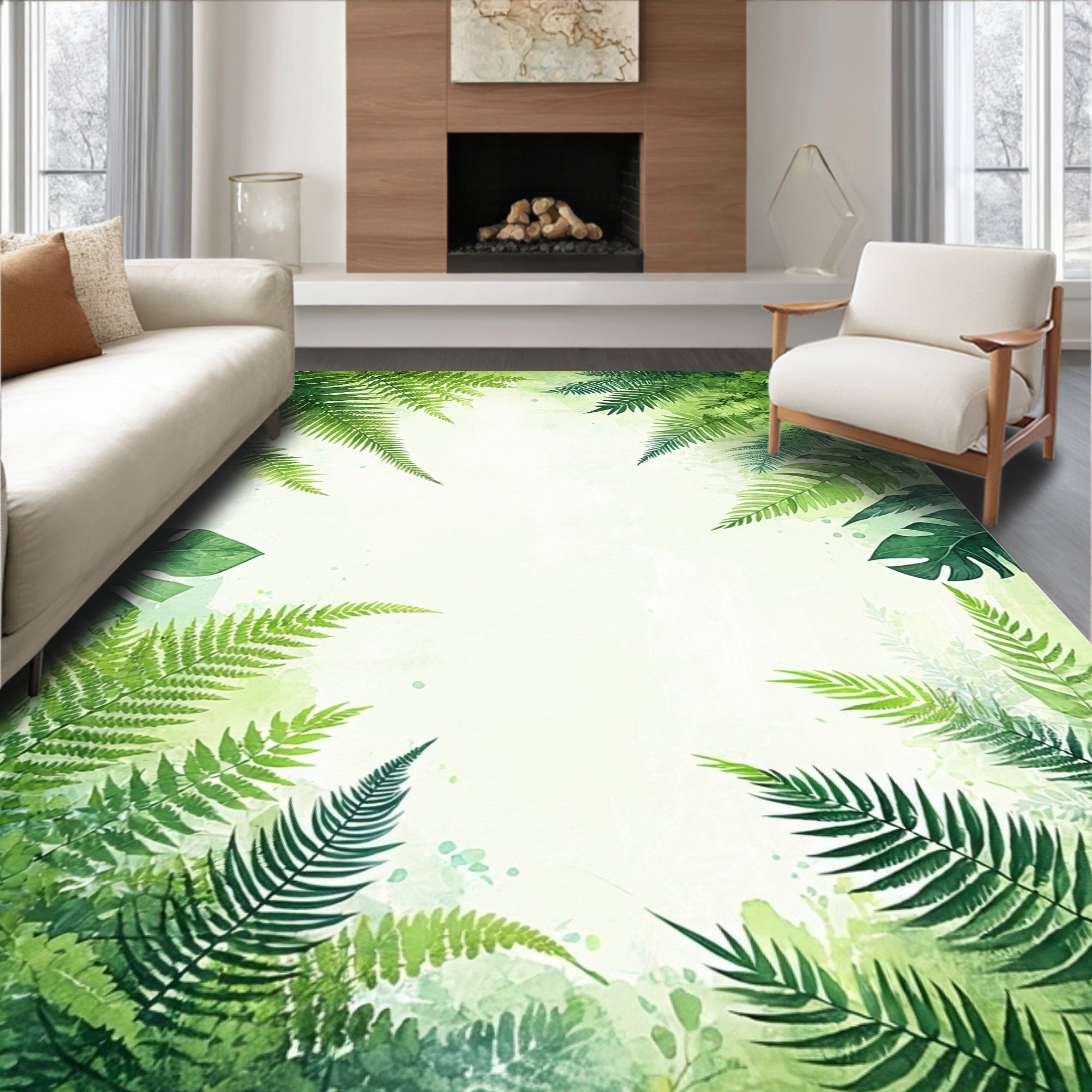 Lush Green Ferns Watercolor Print Rug