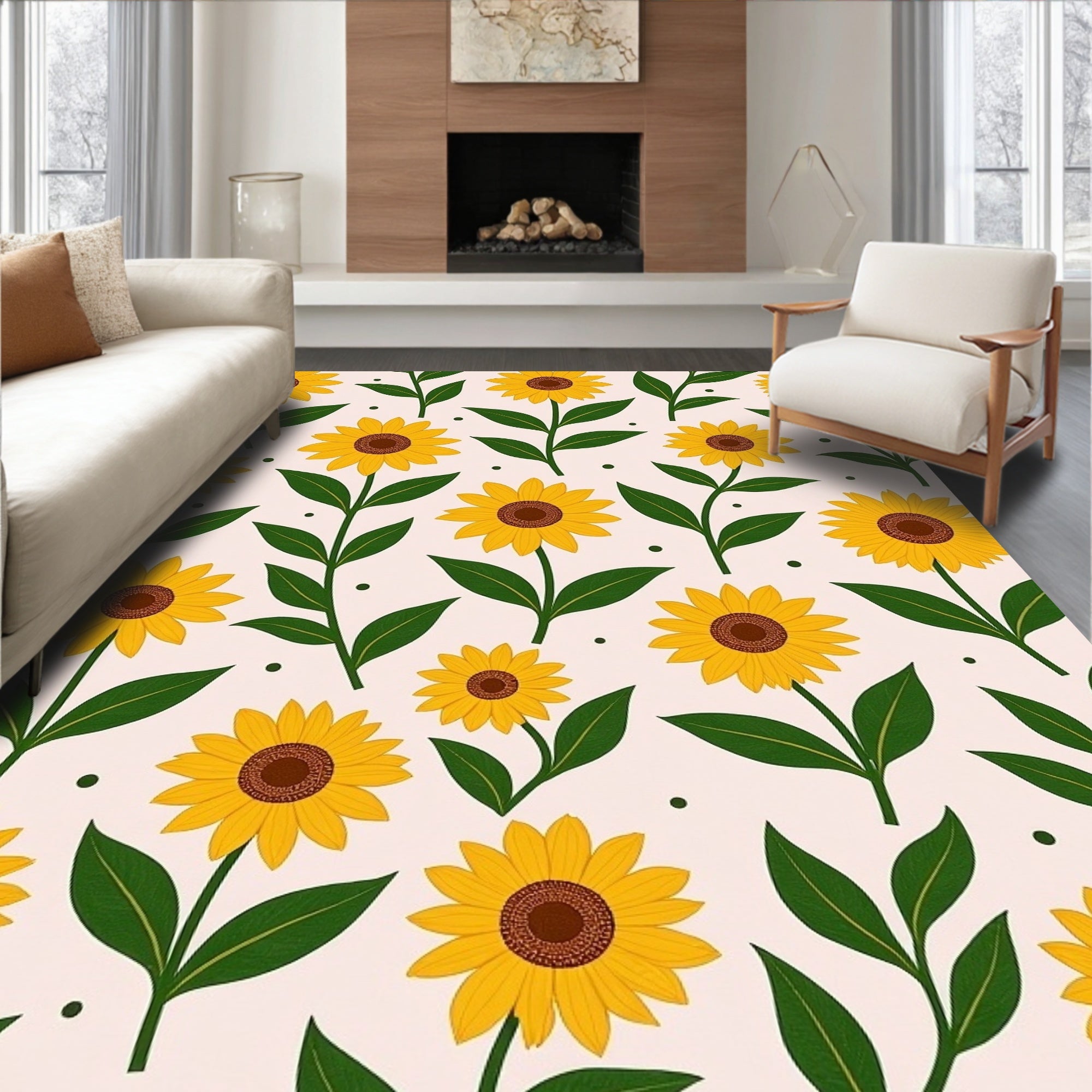 Sunny Yellow Sunflower Botanical Pattern Rug