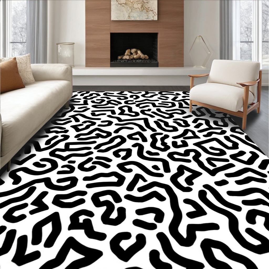 Abstract Black White Organic Swirls Rug