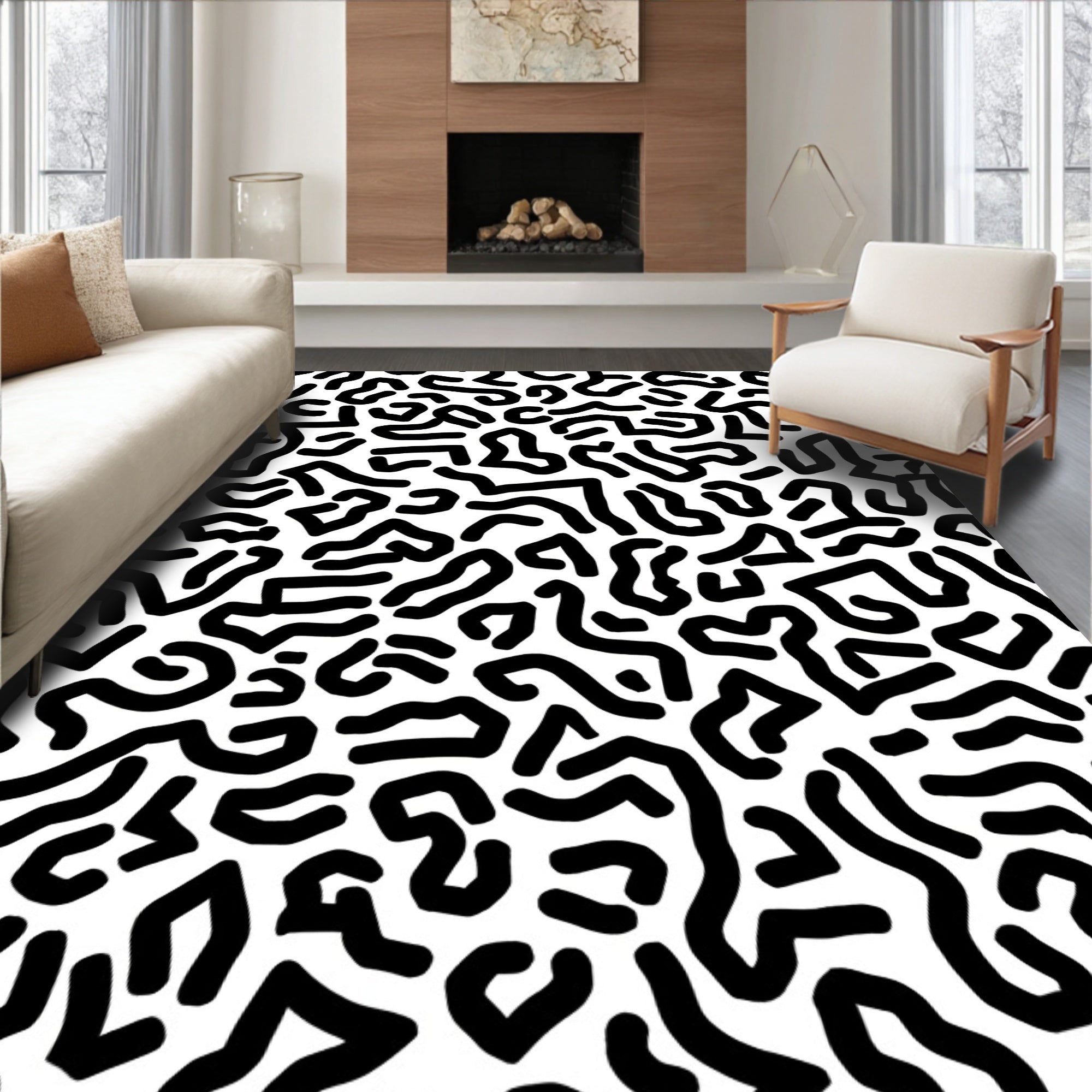 Abstract Black White Organic Swirls Rug