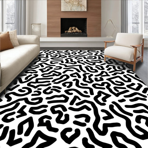 Abstract Black White Organic Swirls Rug