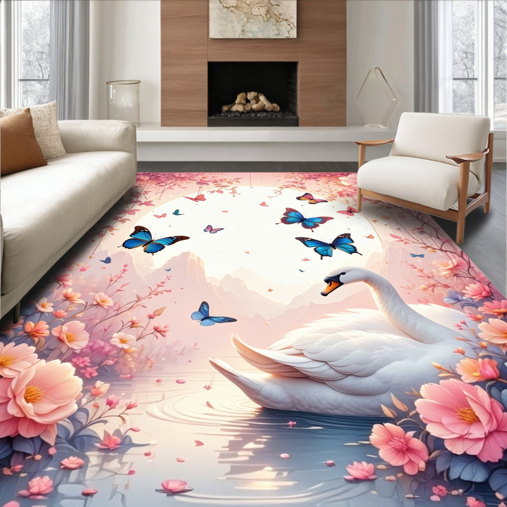 Whimsical Swan Butterfly Floral Design Rug