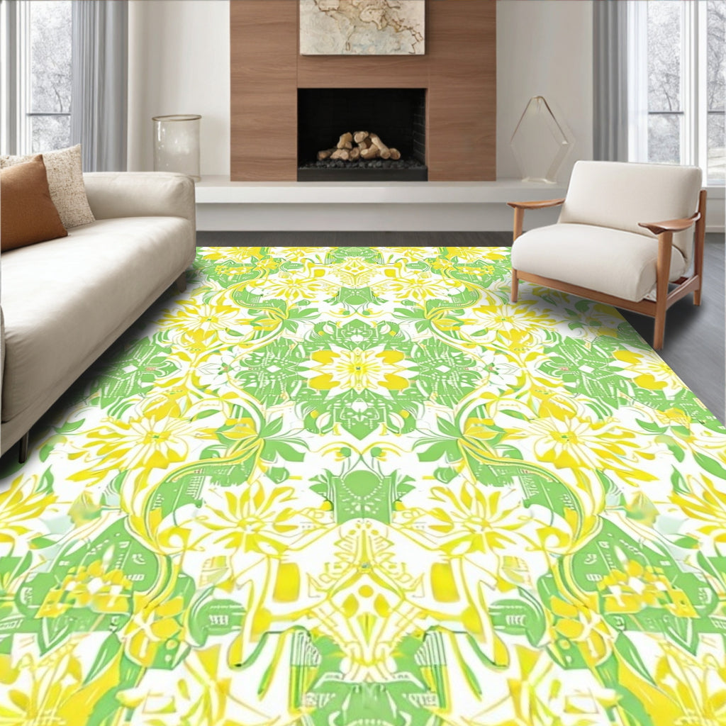 Vibrant Yellow Green Floral Pattern Rug