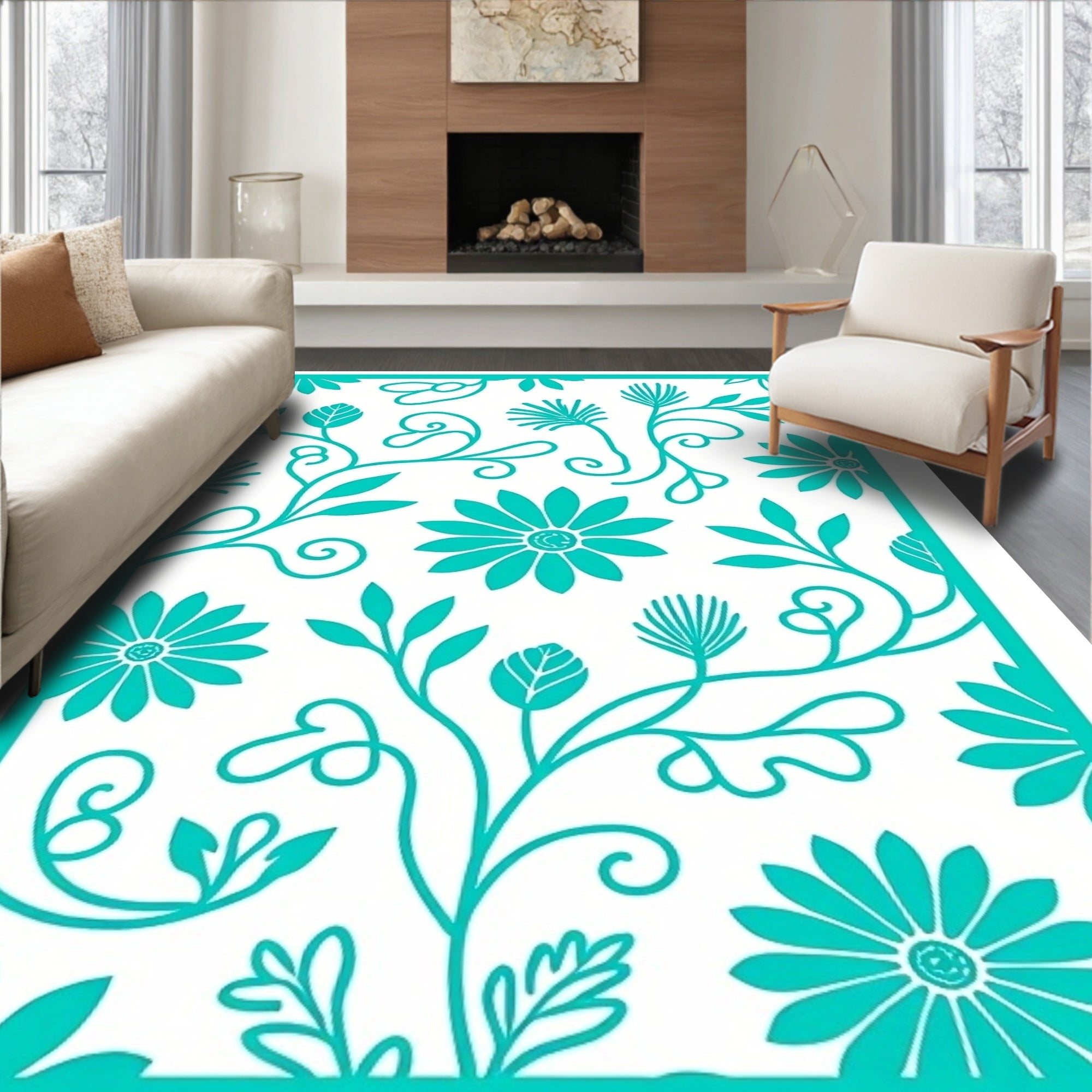 Teal Floral Garden Vines Rug