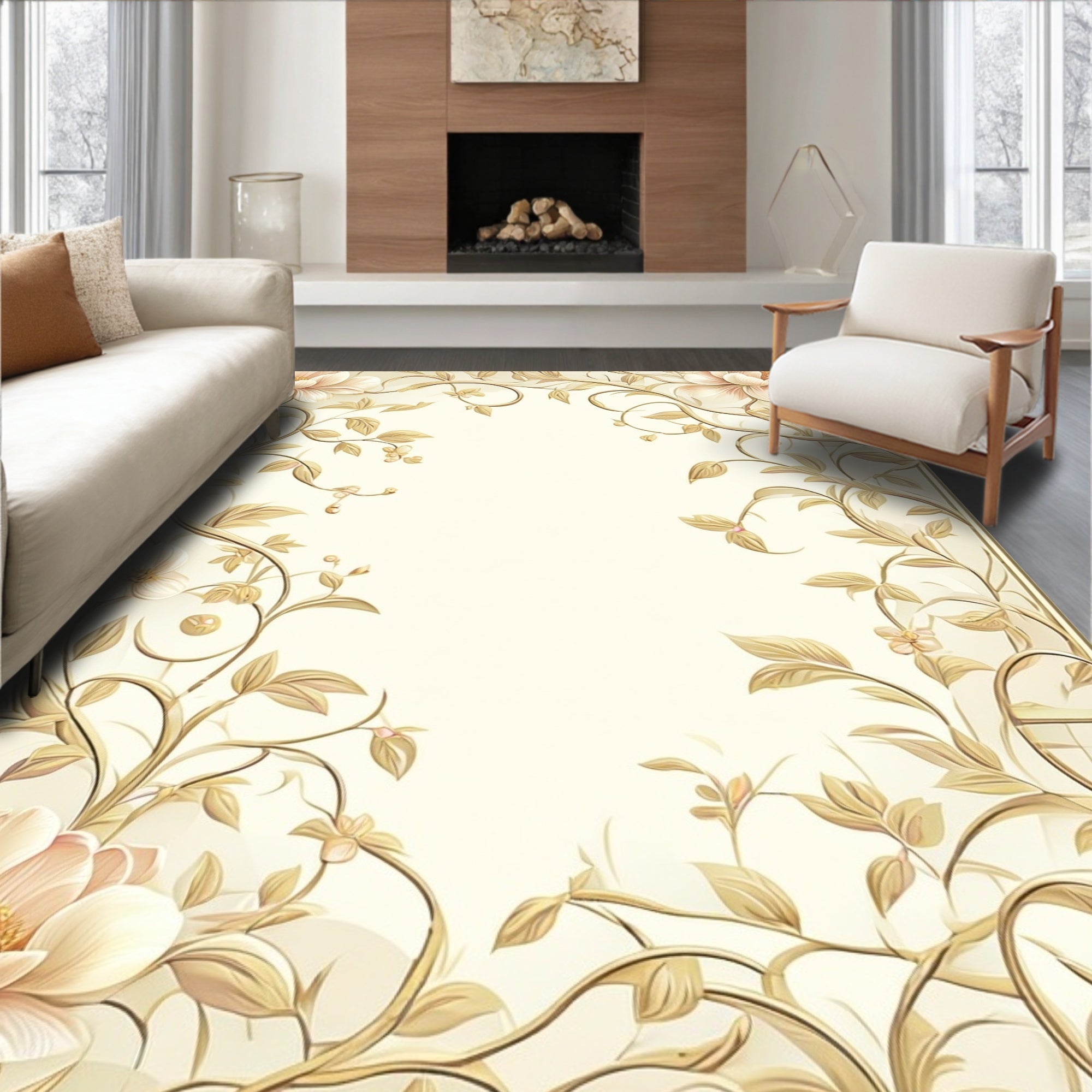 Elegant Floral Vine Cream Rug