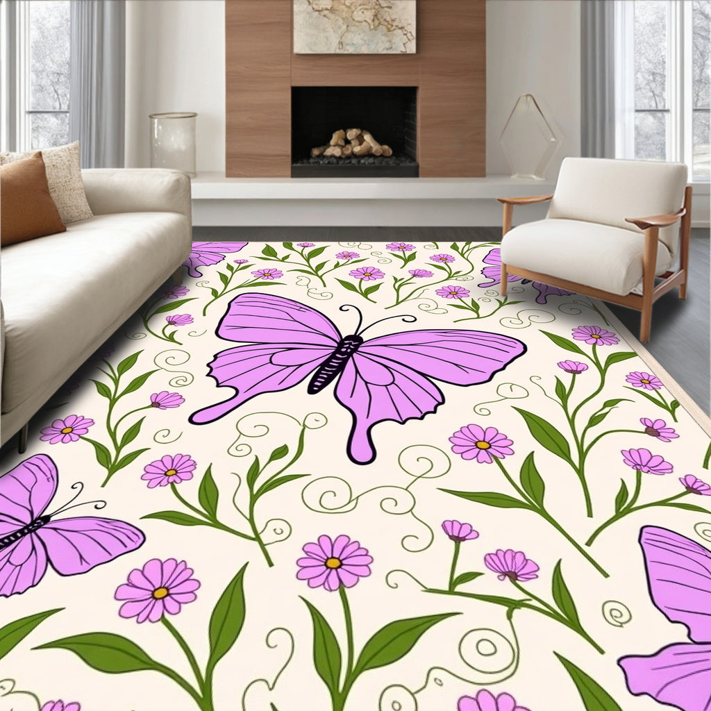 Purple Butterflies Floral Swirls Pattern Rug