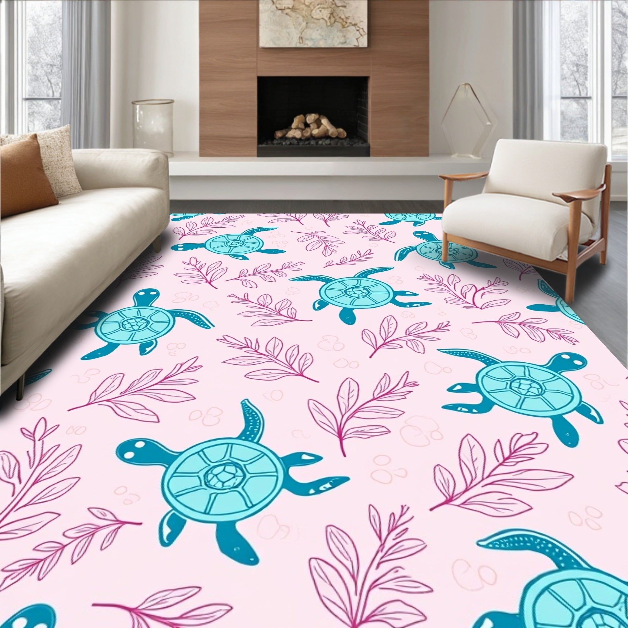 Cute Sea Turtle Foliage Pattern Rug