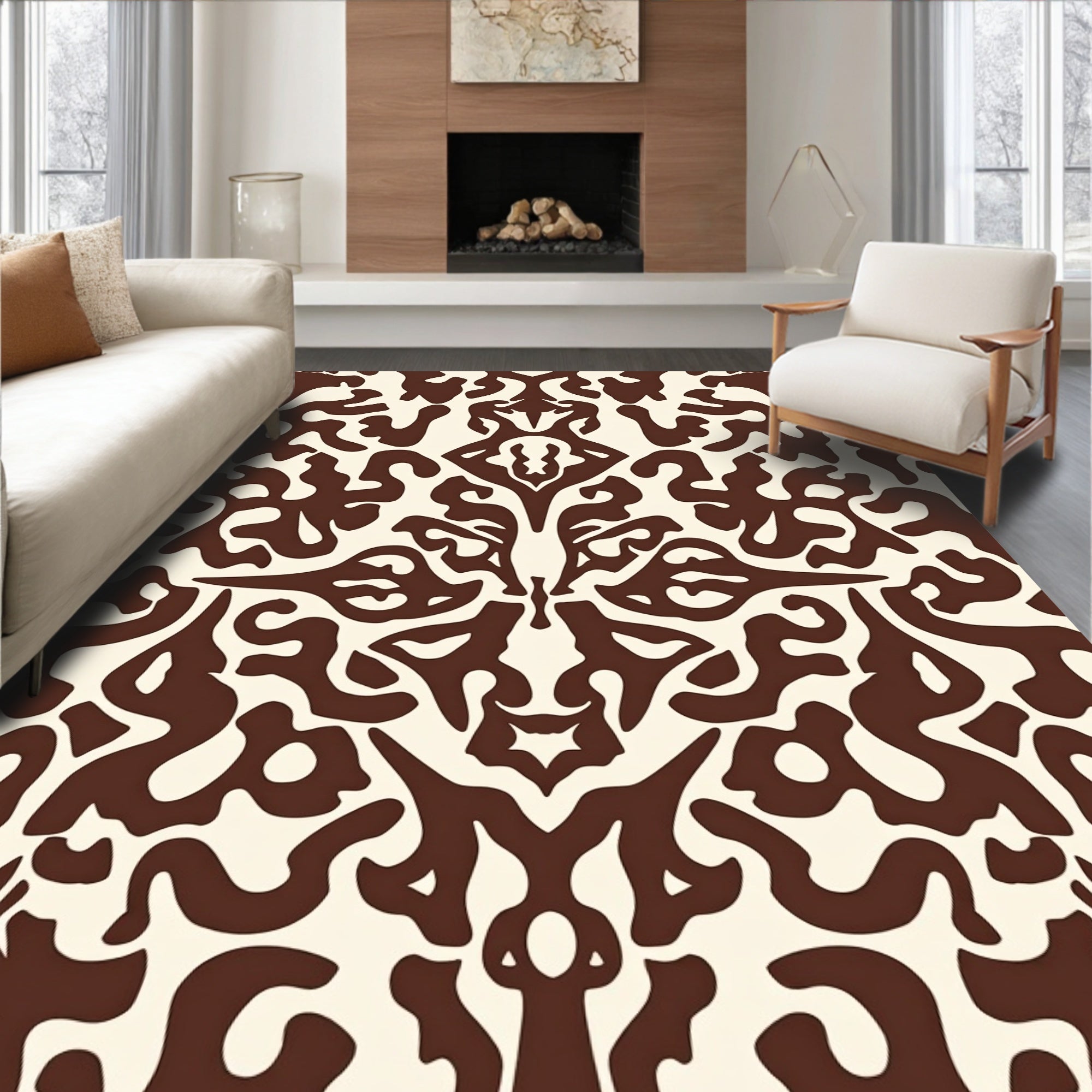 Ornate Antique Brown Ivory Pattern Rug