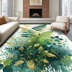 Lush Green Gold Fern Botanical Watercolor Rug