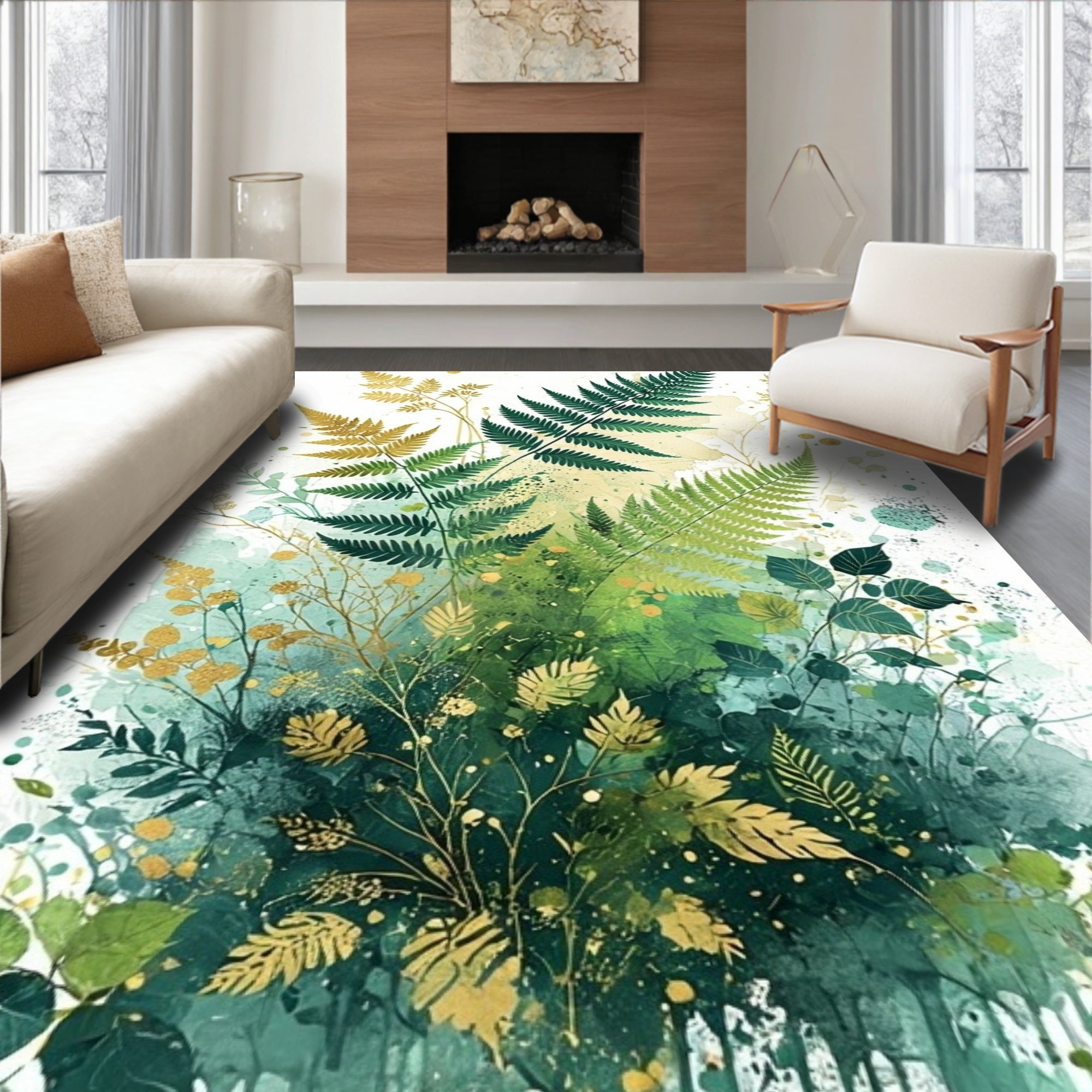 Lush Green Gold Fern Botanical Watercolor Rug