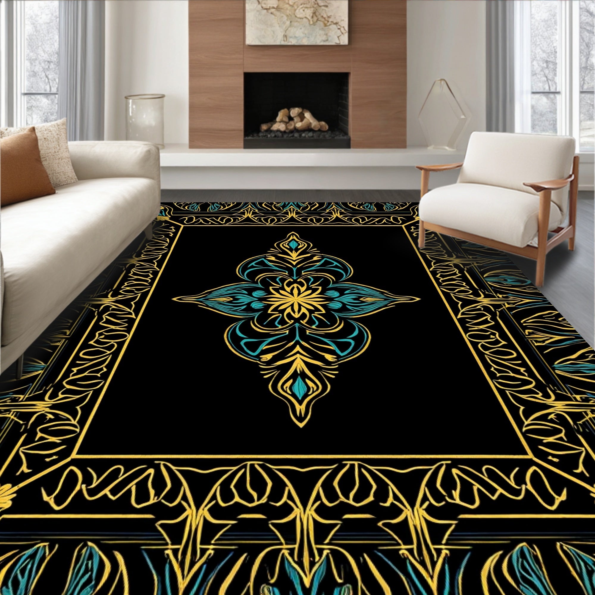 Elaborate Gold Turquoise Floral Pattern Rug