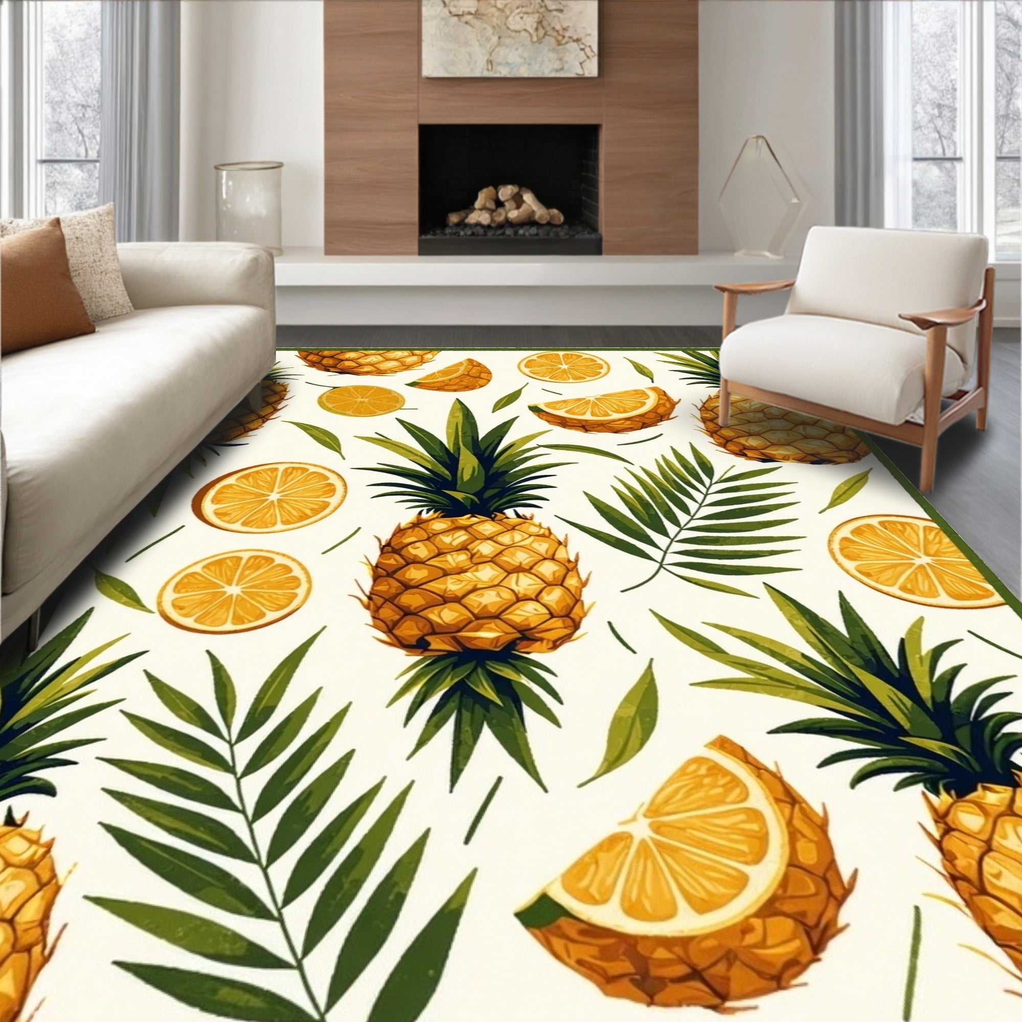 Tropical Pineapple Orange Leaf Pattern Rug