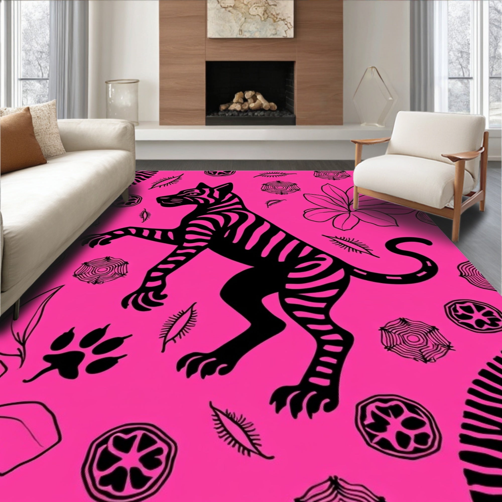 Vibrant Tiger Floral Pattern Art Rug