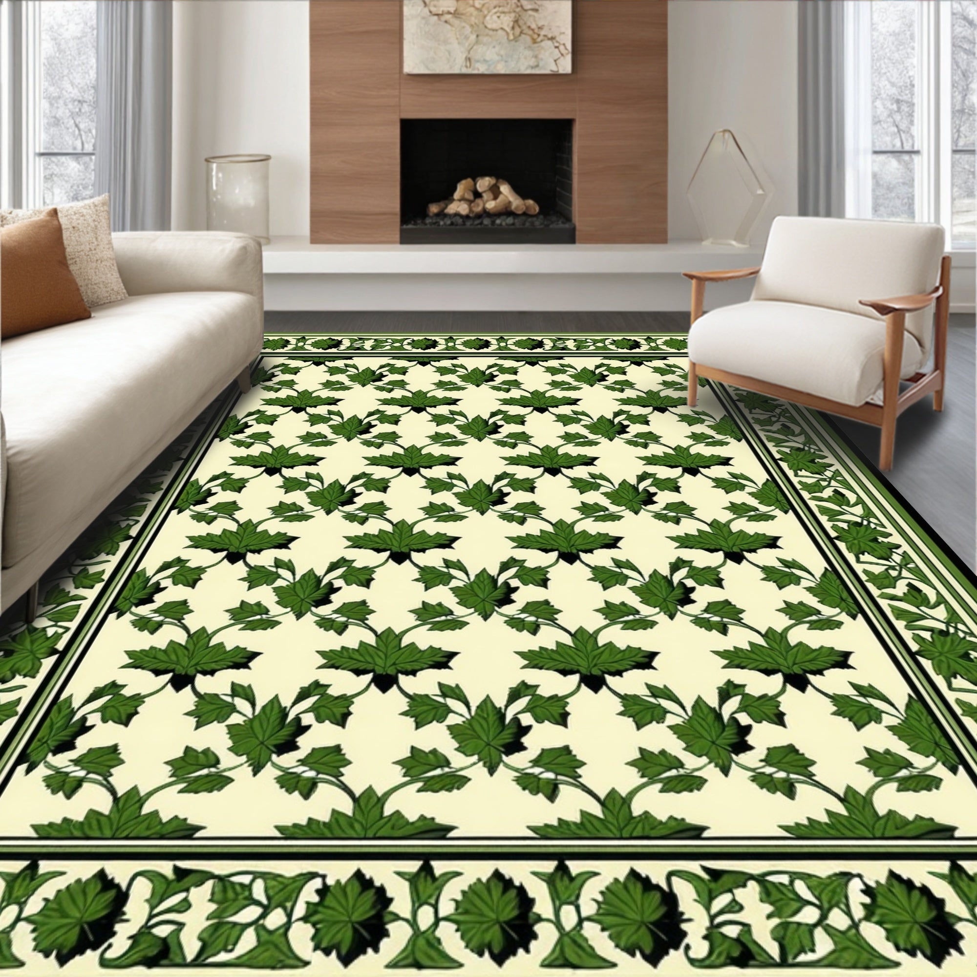 Green Leaf Patterned Classic Area Rug