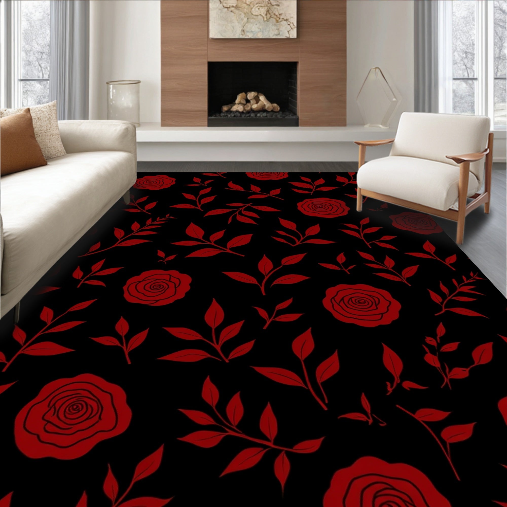 Dark Red Rose Floral Pattern Rug