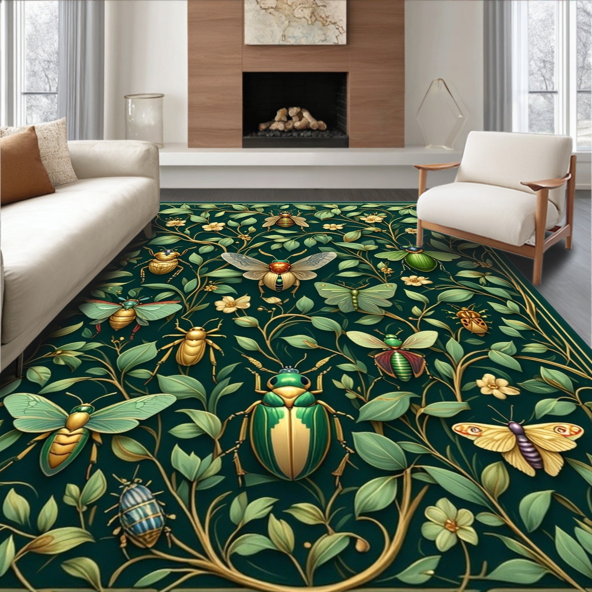 Nature Inspired Insect Botanical Pattern Rug