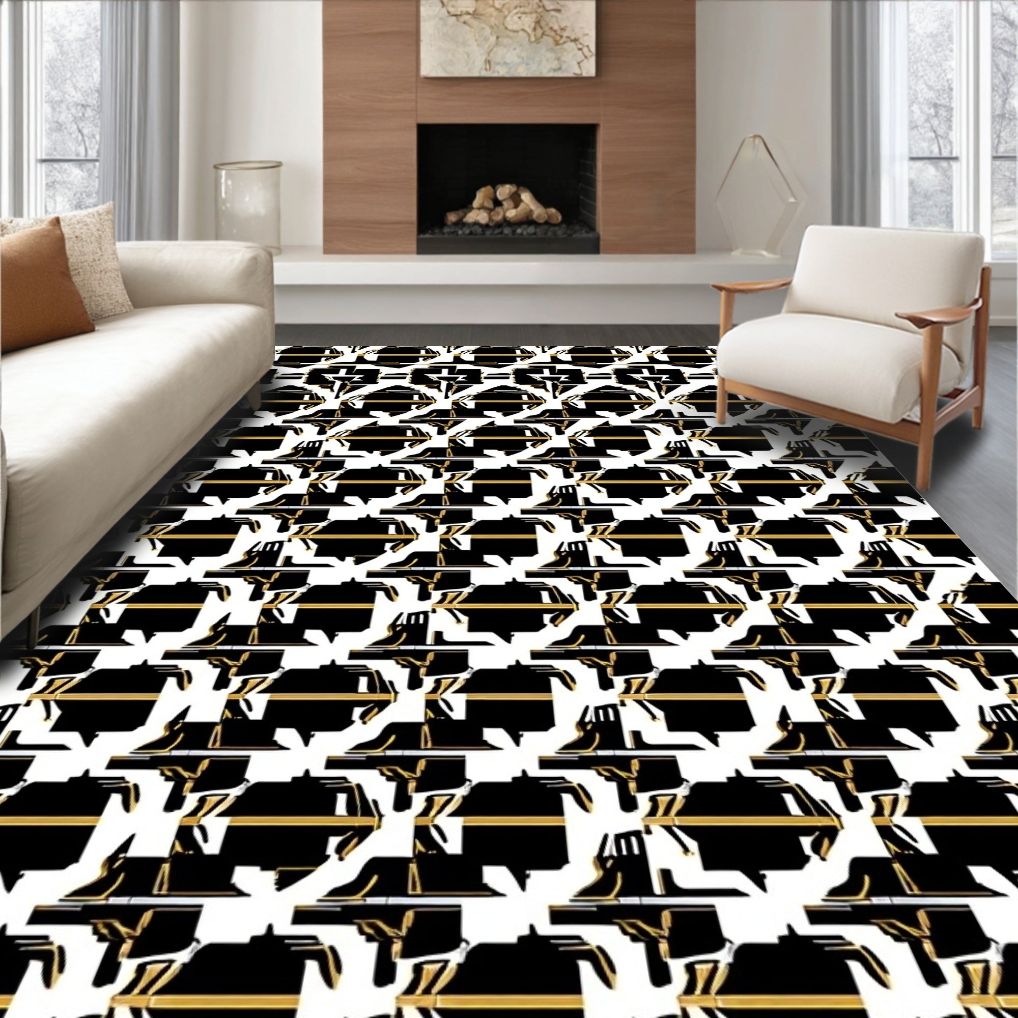 Black Gold Geometric Abstract Pattern Rug