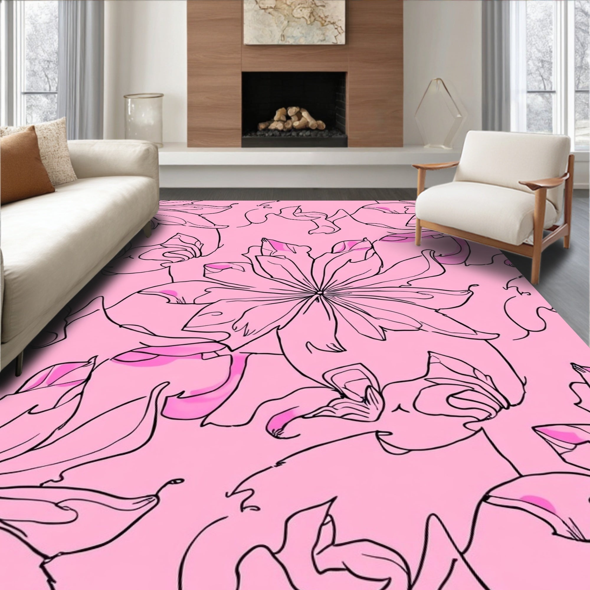Charming Pink Floral Line Art Rug