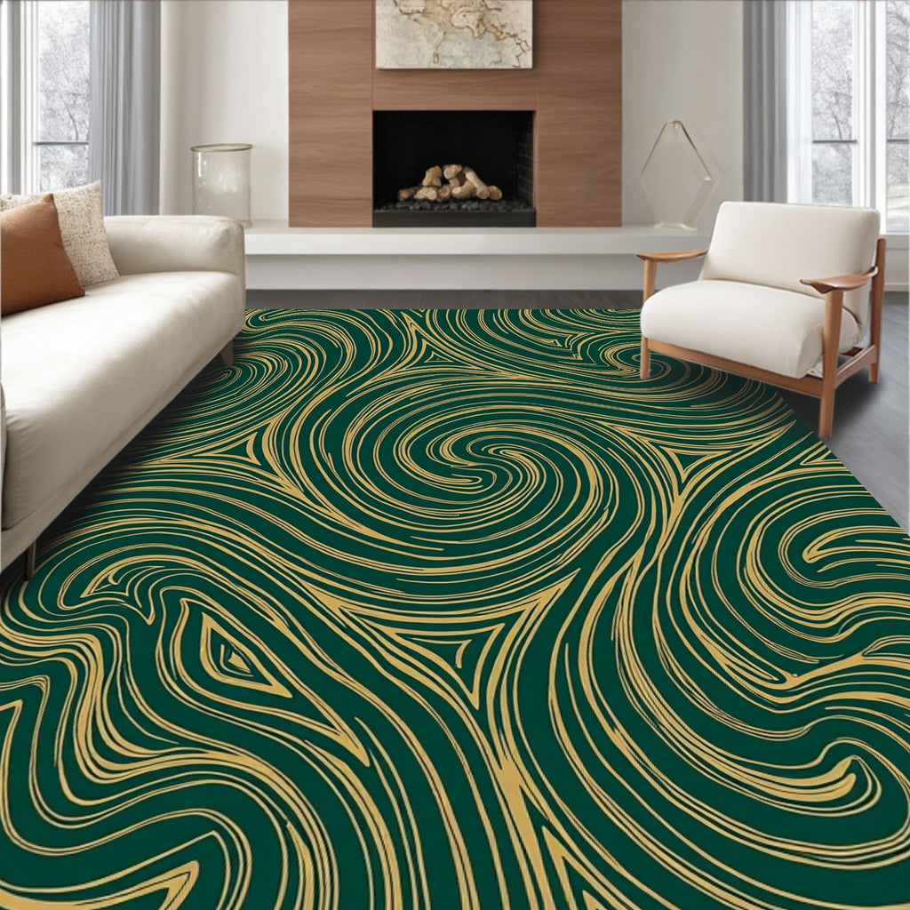 Deep Green Gold Swirl Pattern Rug