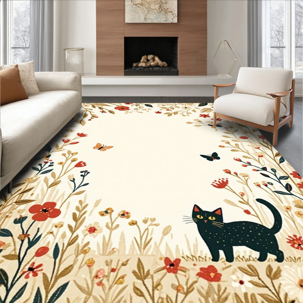 Whimsical Black Cat Floral Garden Rug