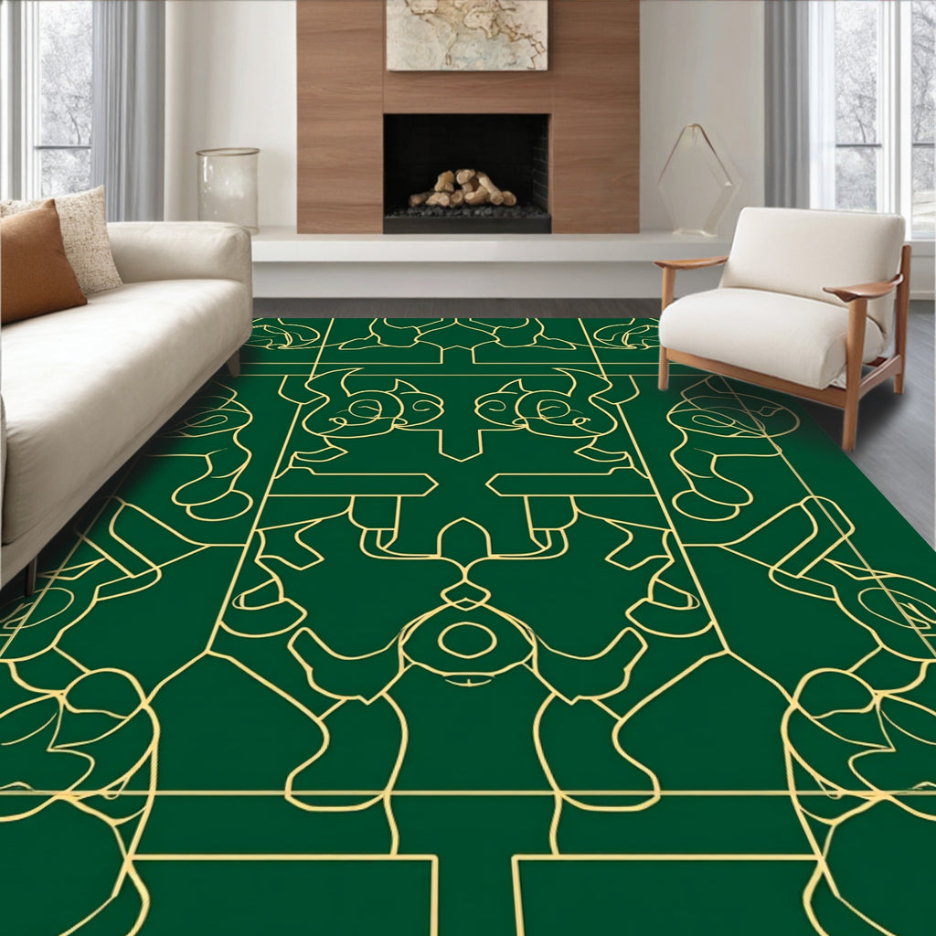 Ornate Emerald Gold Geometric Swirl Rug