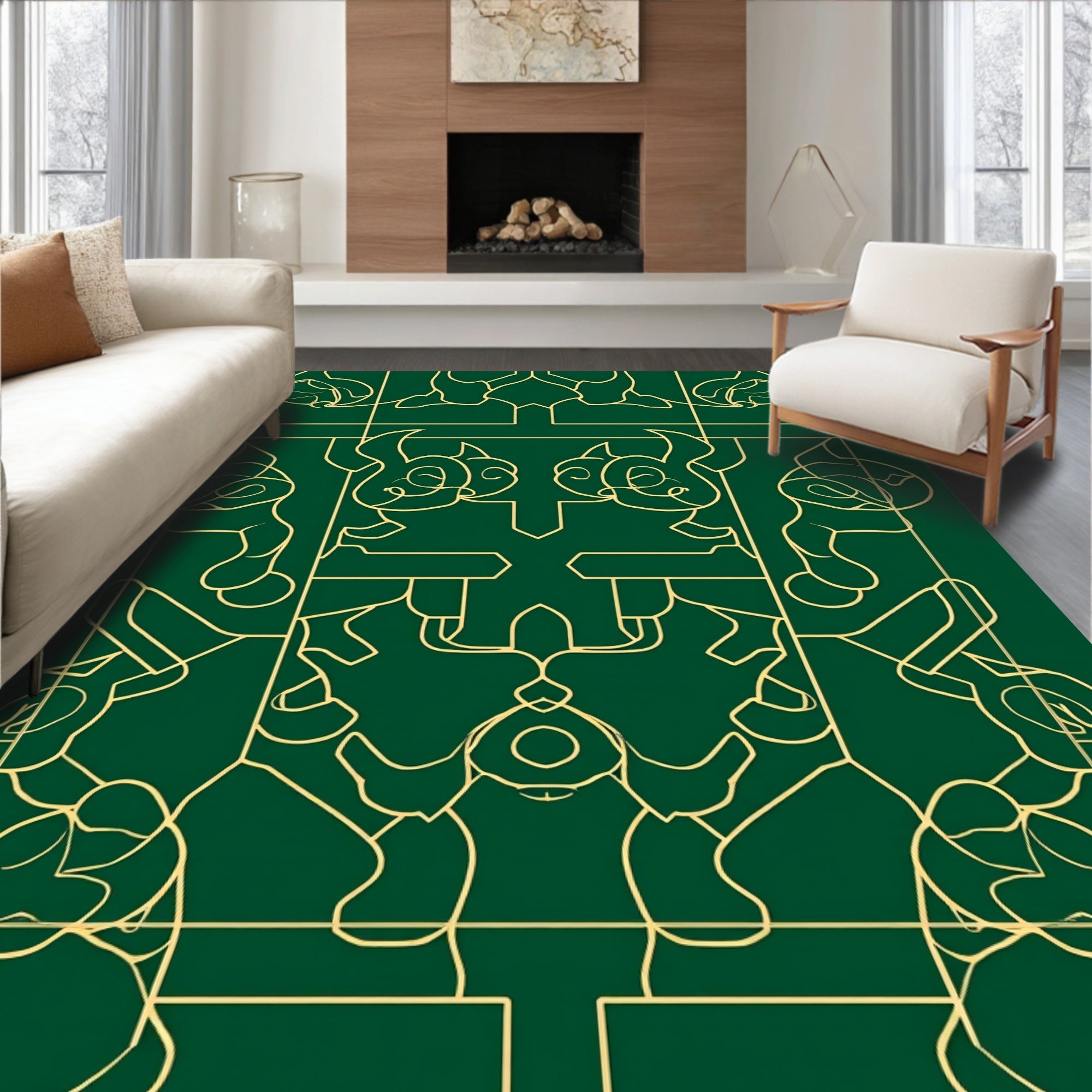 Ornate Emerald Gold Geometric Swirl Rug