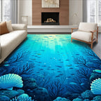 Submerged Teal Coral Fish Shell Design Rug