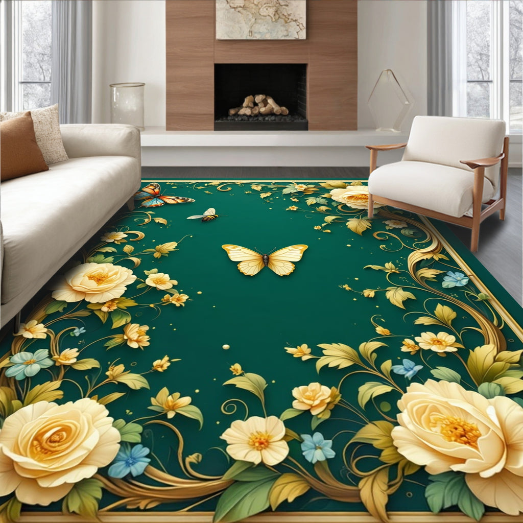 Golden Floral Butterfly Botanical Design Rug