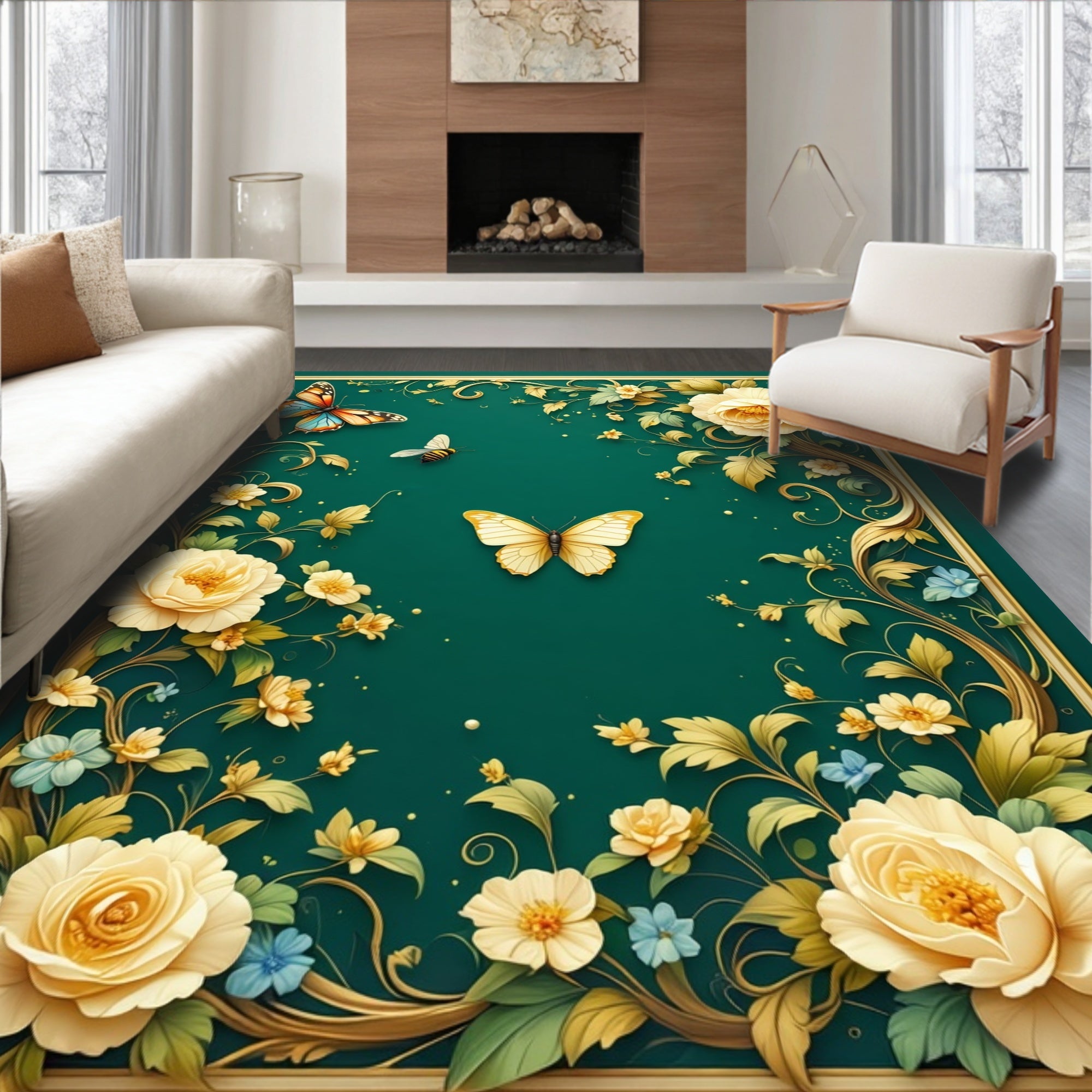 Golden Floral Butterfly Botanical Design Rug