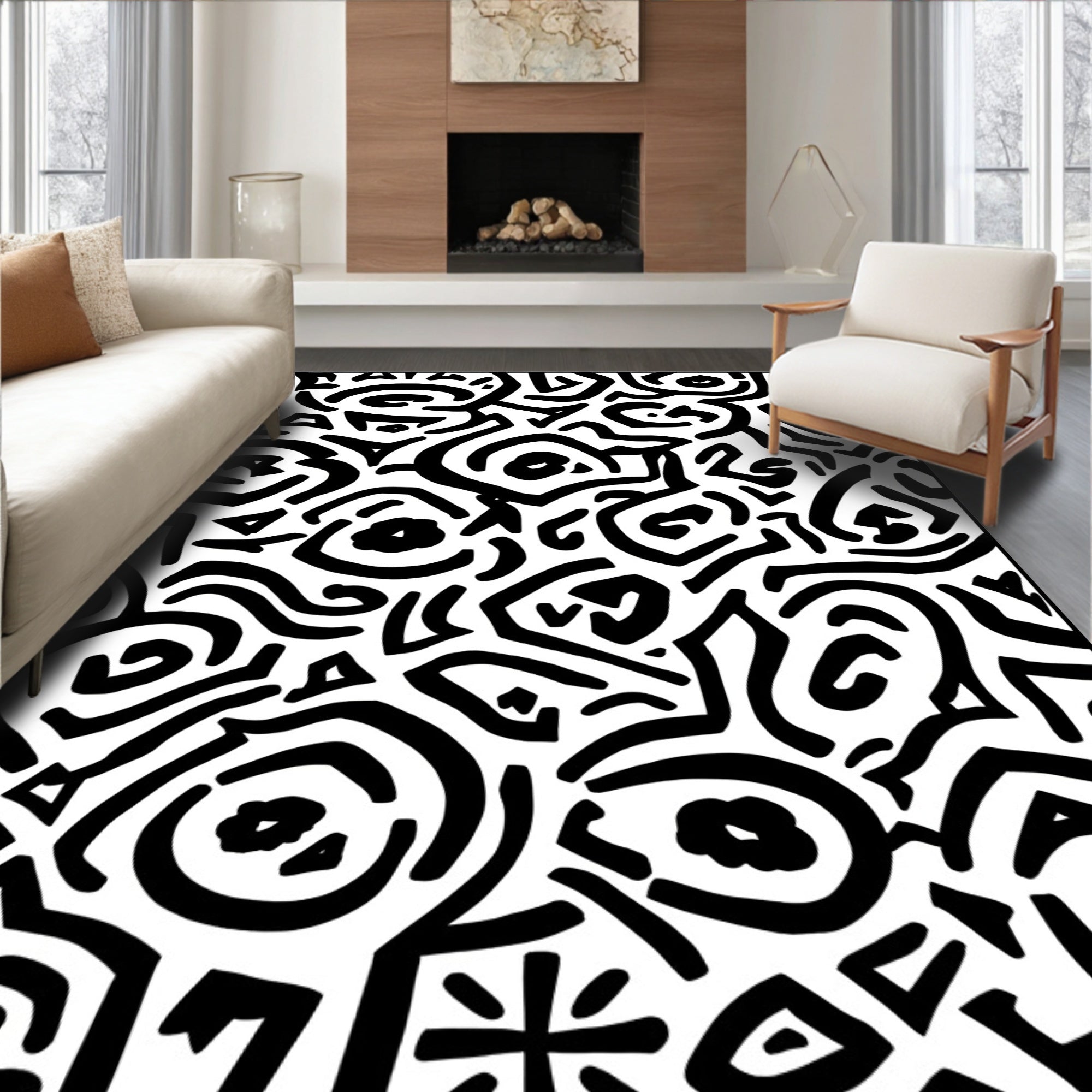 Abstract Black White Organic Doodles Rug