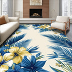 Tropical Blue and Yellow Floral Lush Palm Frond Rug