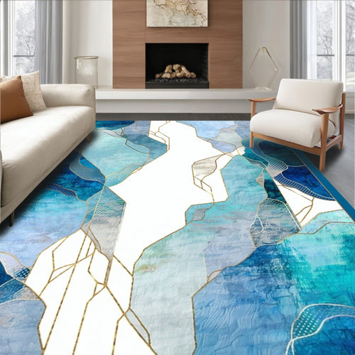 Abstract Blue Gold Geo Pattern Rug