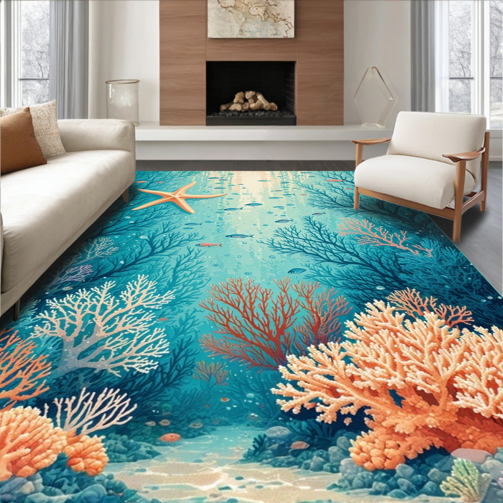 Underwater Coral Reef Starfish Fish Rug