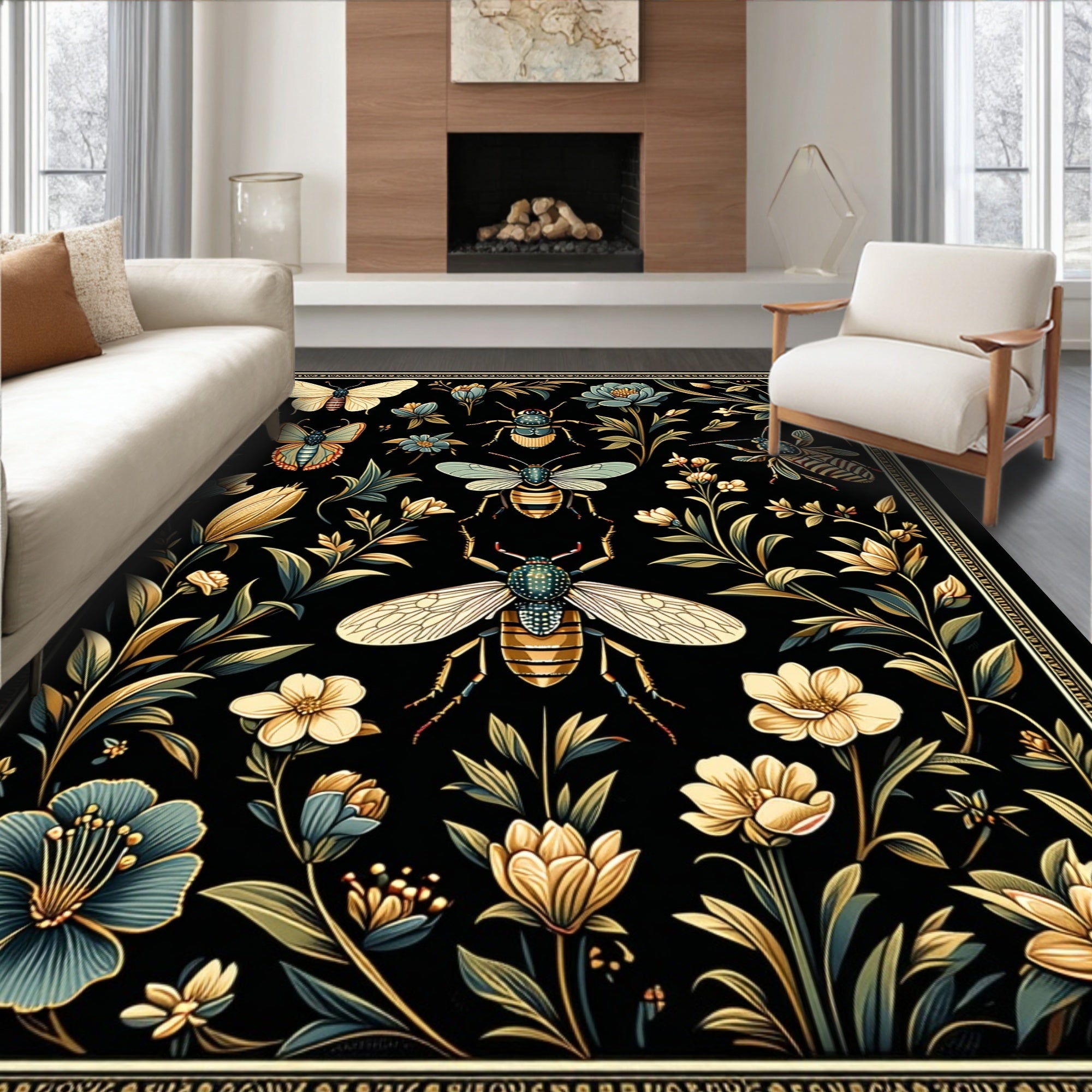Ornate Insect and Floral Garden Design Rug