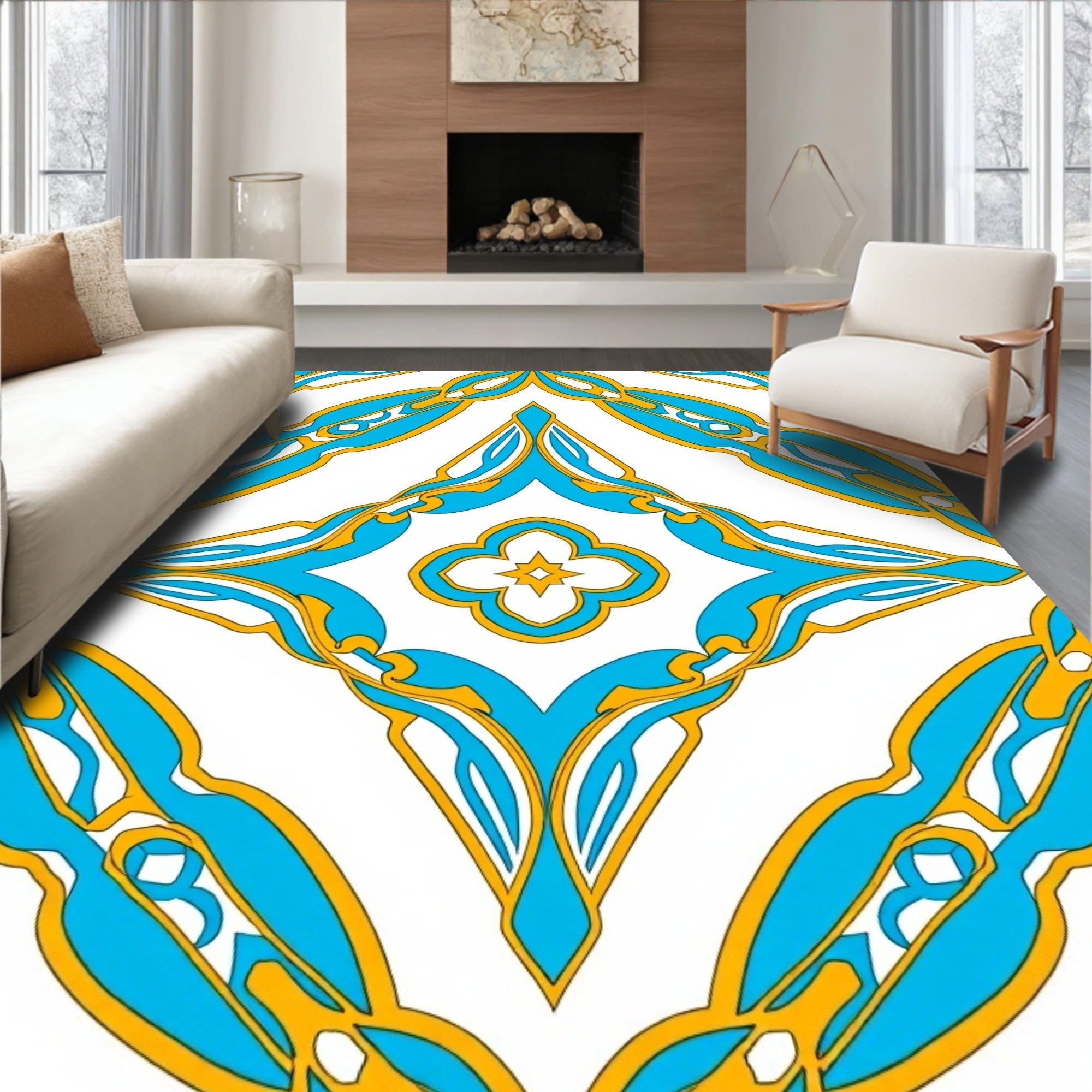 Blue Gold Art Nouveau Diamond Rug