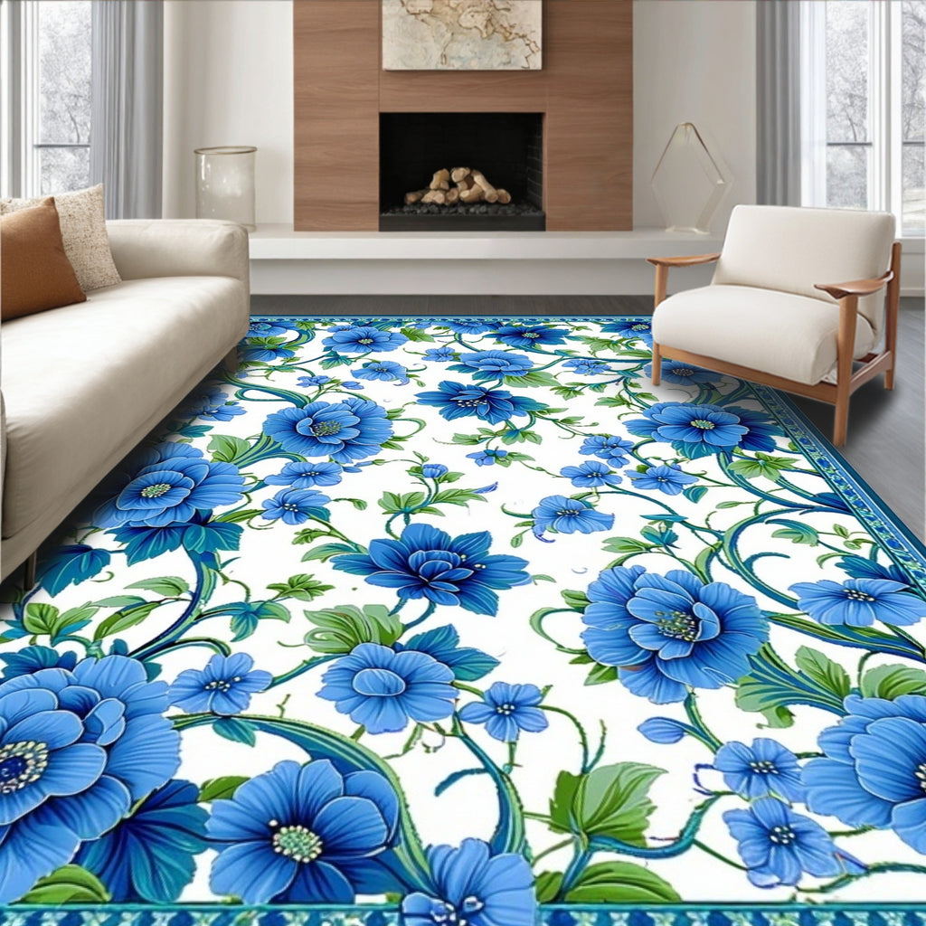 Vibrant Blue Floral Vine Pattern Rug