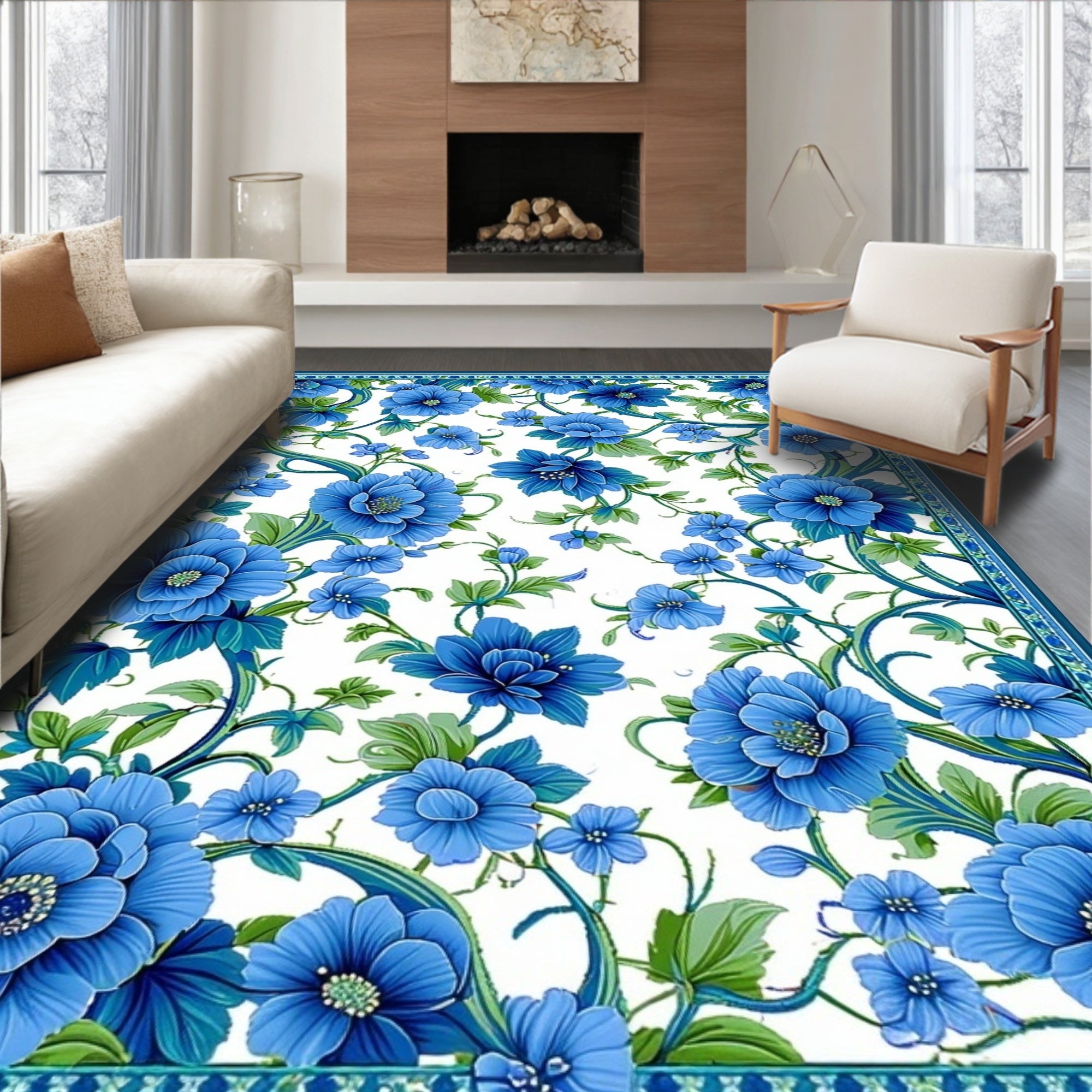Vibrant Blue Floral Vine Pattern Rug