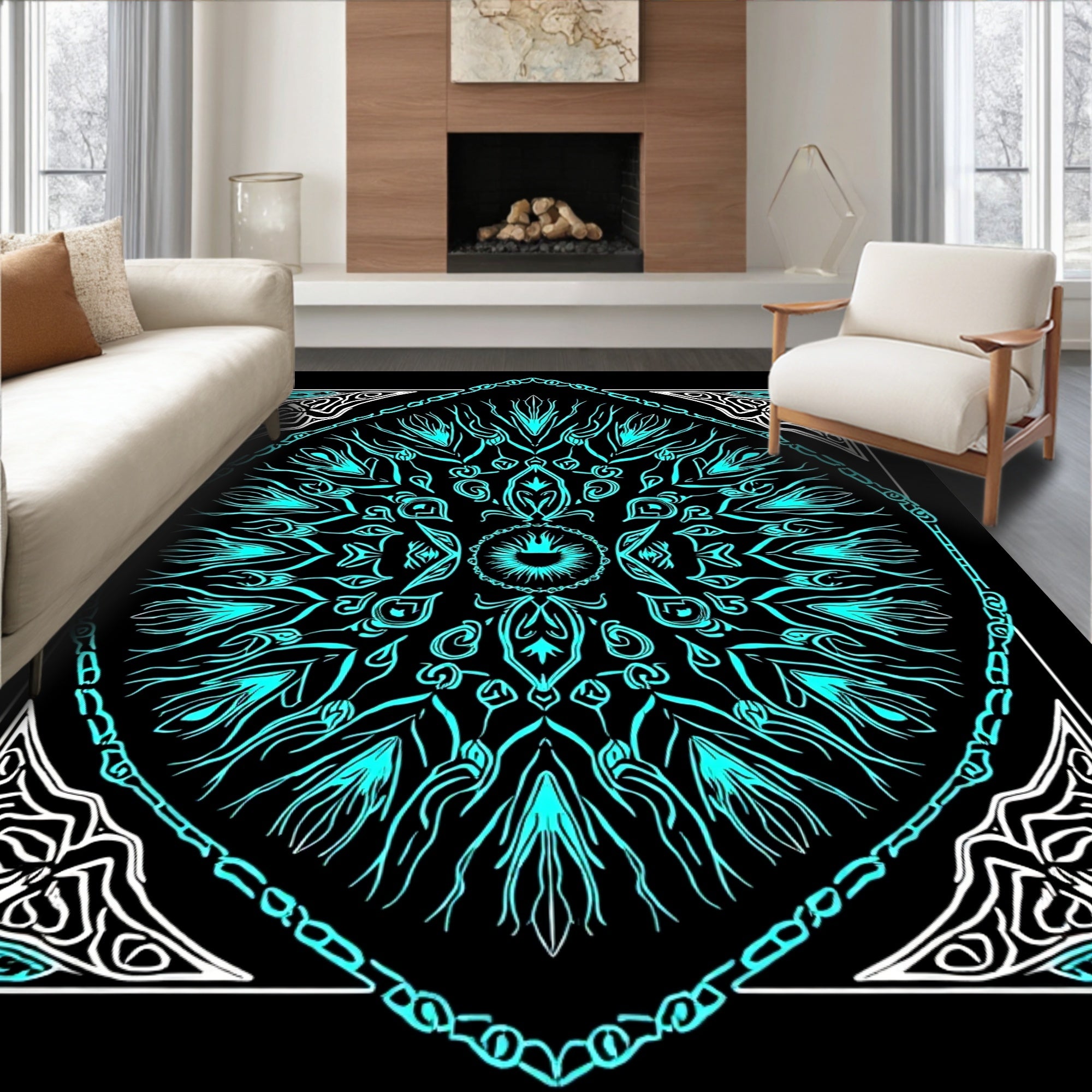 Symmetrical Cyan Abstract Mandala Design Rug