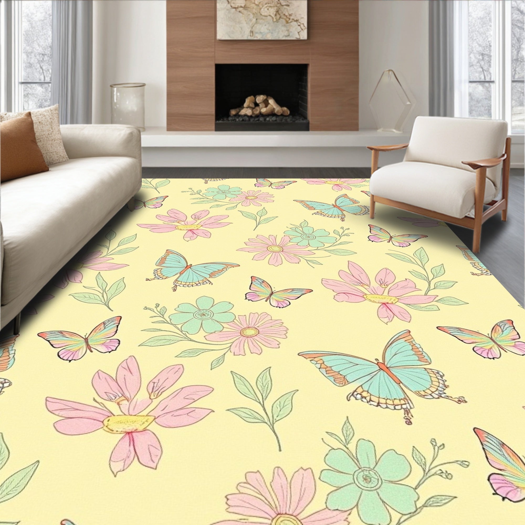Pastel Butterfly Floral Garden Pattern Rug
