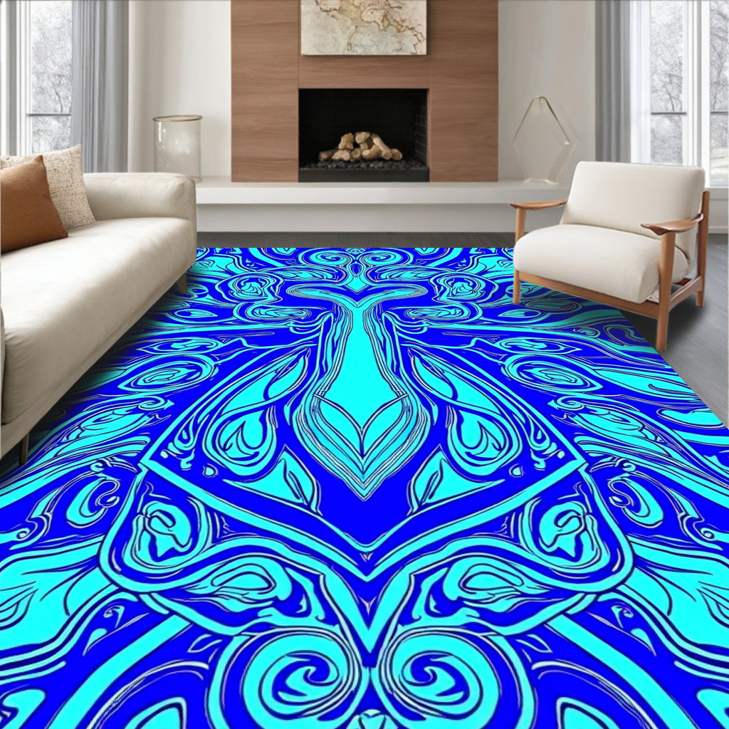 Symmetrical Flowing Cyan Abstract Pattern Rug
