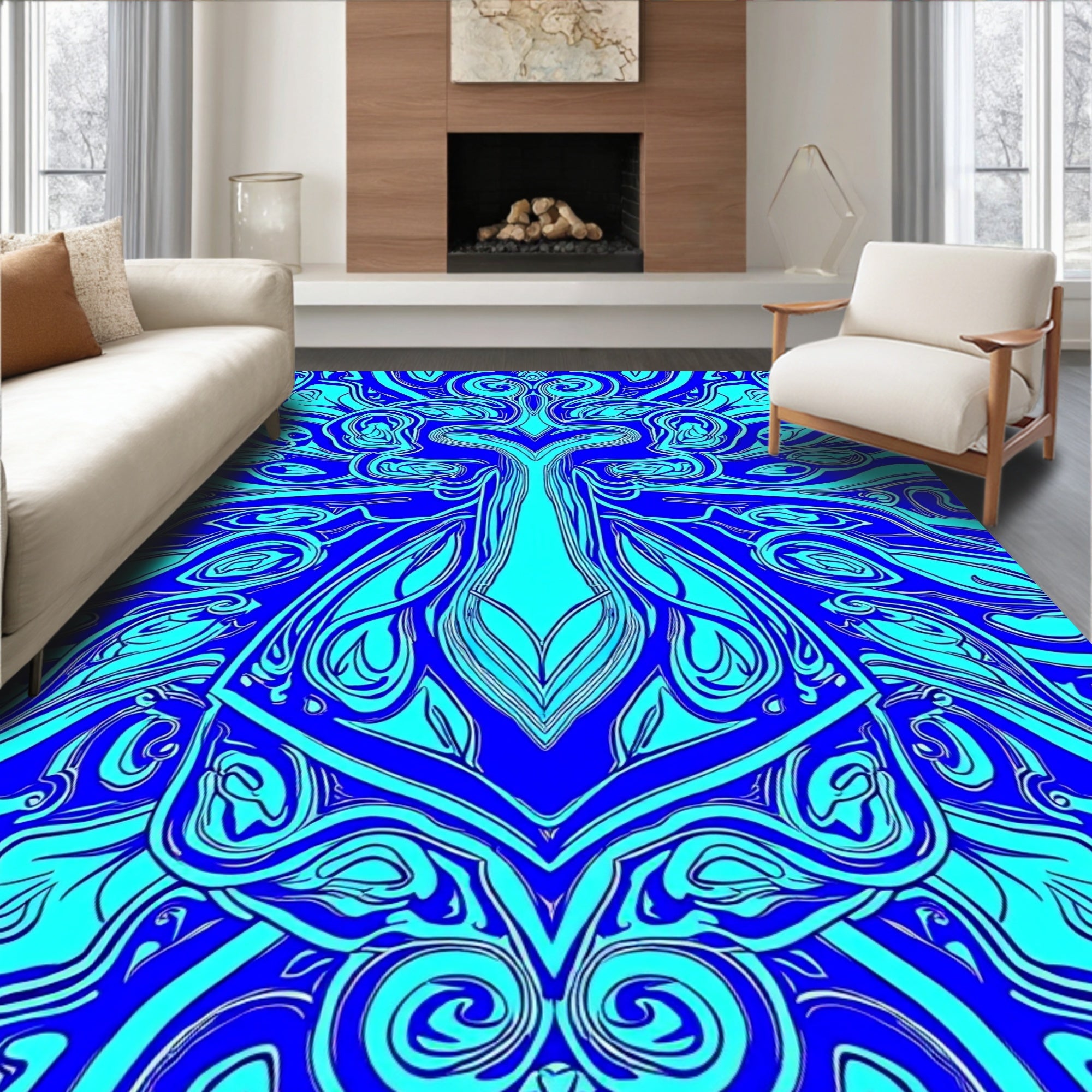 Symmetrical Flowing Cyan Abstract Pattern Rug