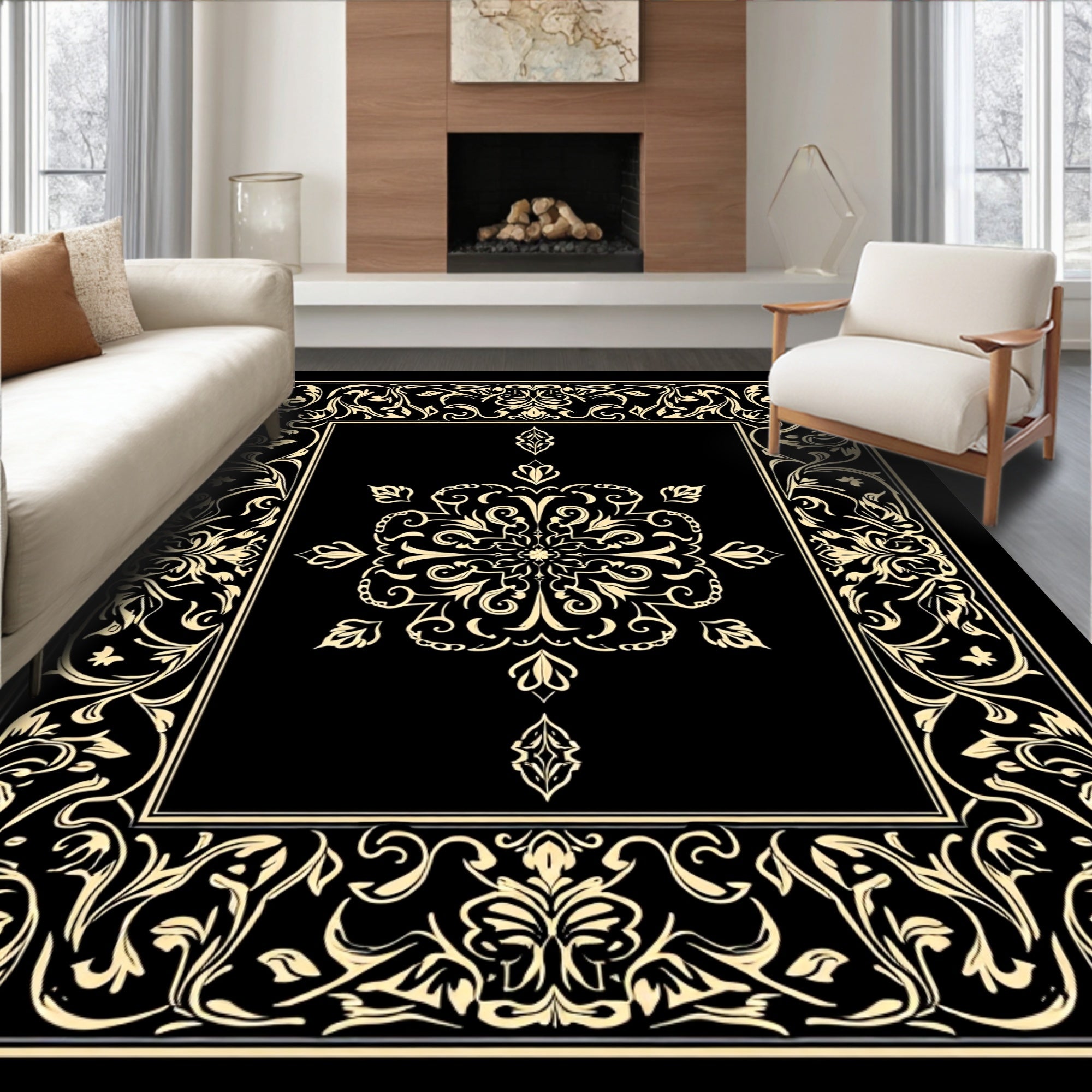 Elegant Black Gold Floral Medallion Rug