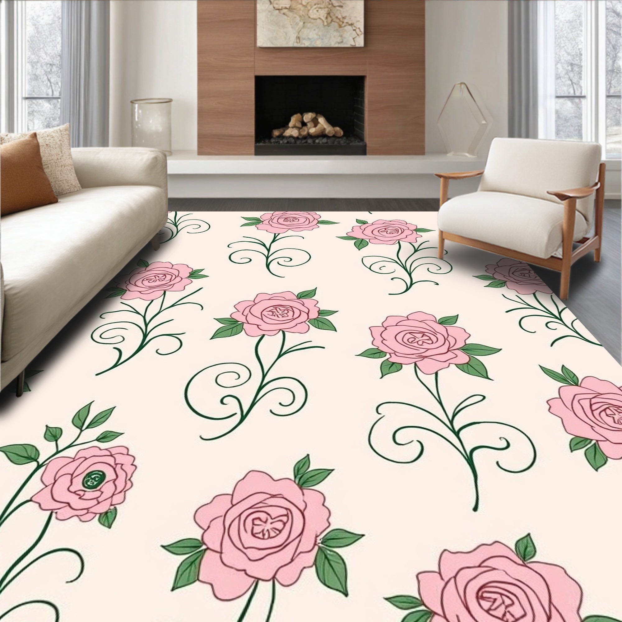 Pink Roses With Green Swirls Design Rug