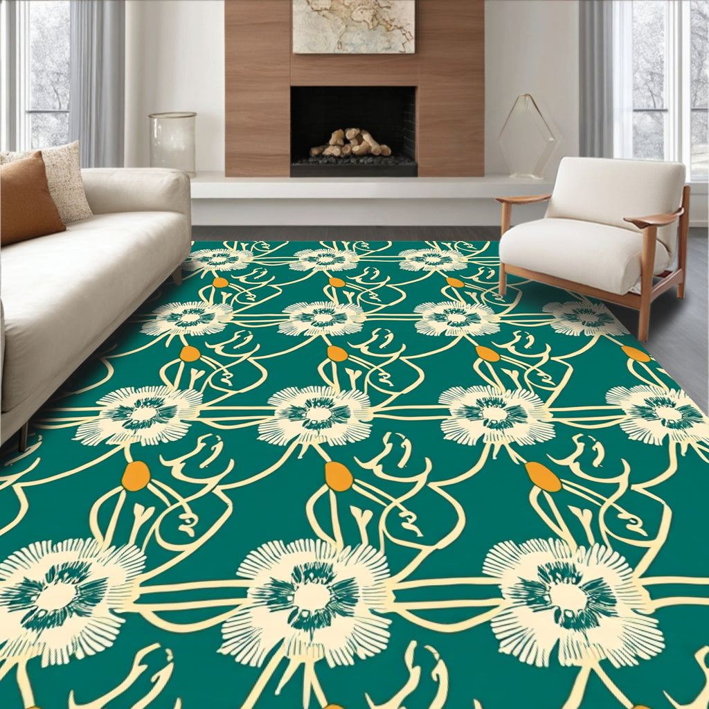 Green Floral Vine Stylized Pattern Rug