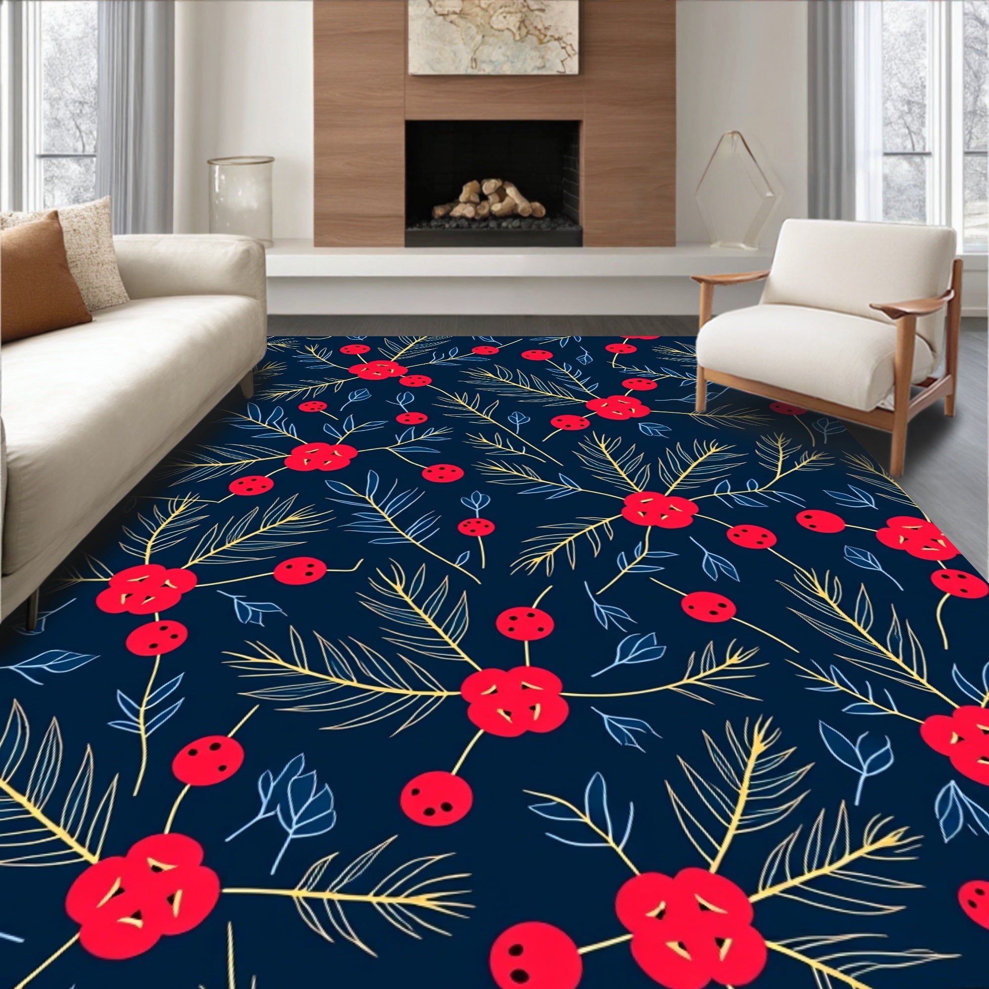 Festive Red Berry Pine Branch Rug