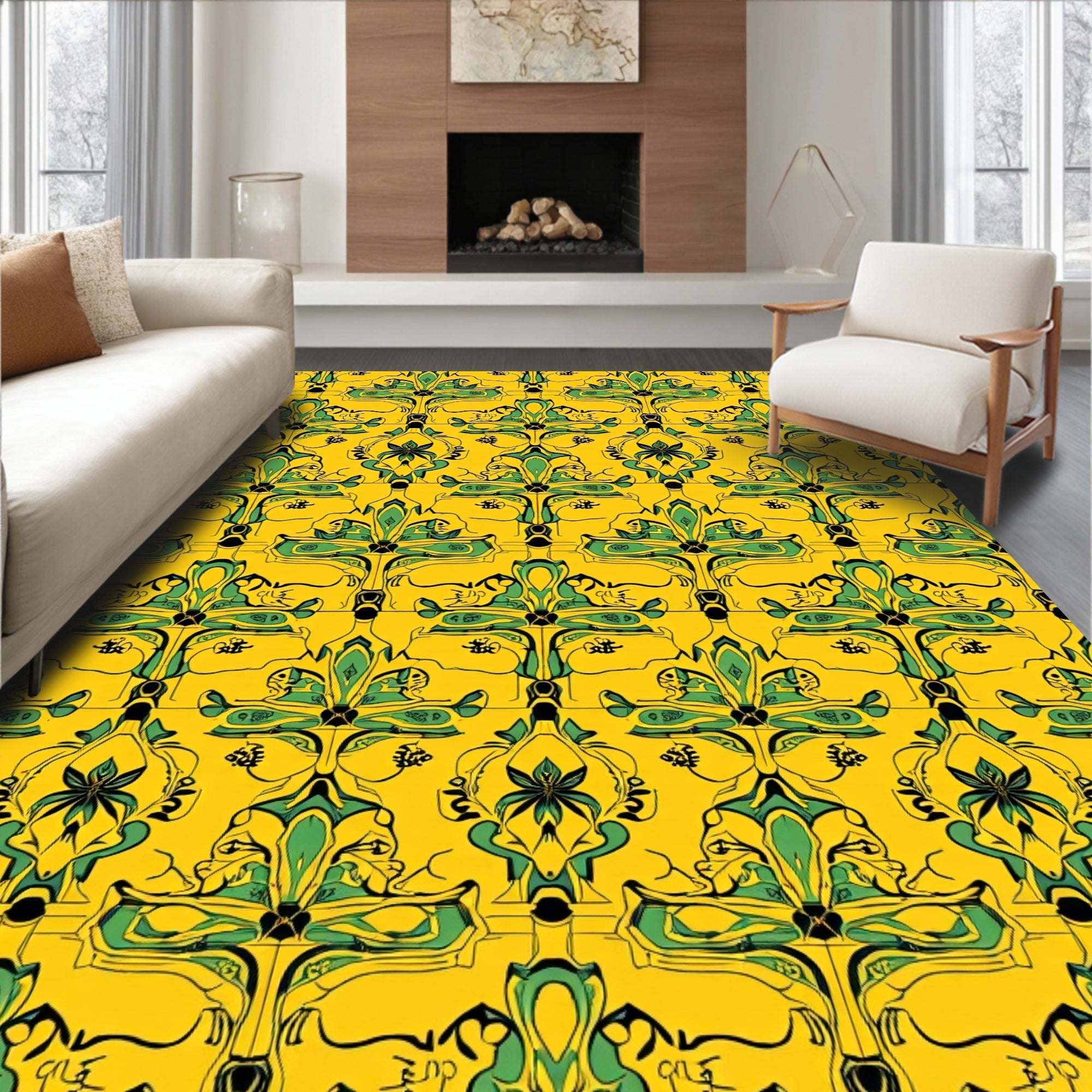 Art Nouveau Yellow Green Floral Pattern Rug
