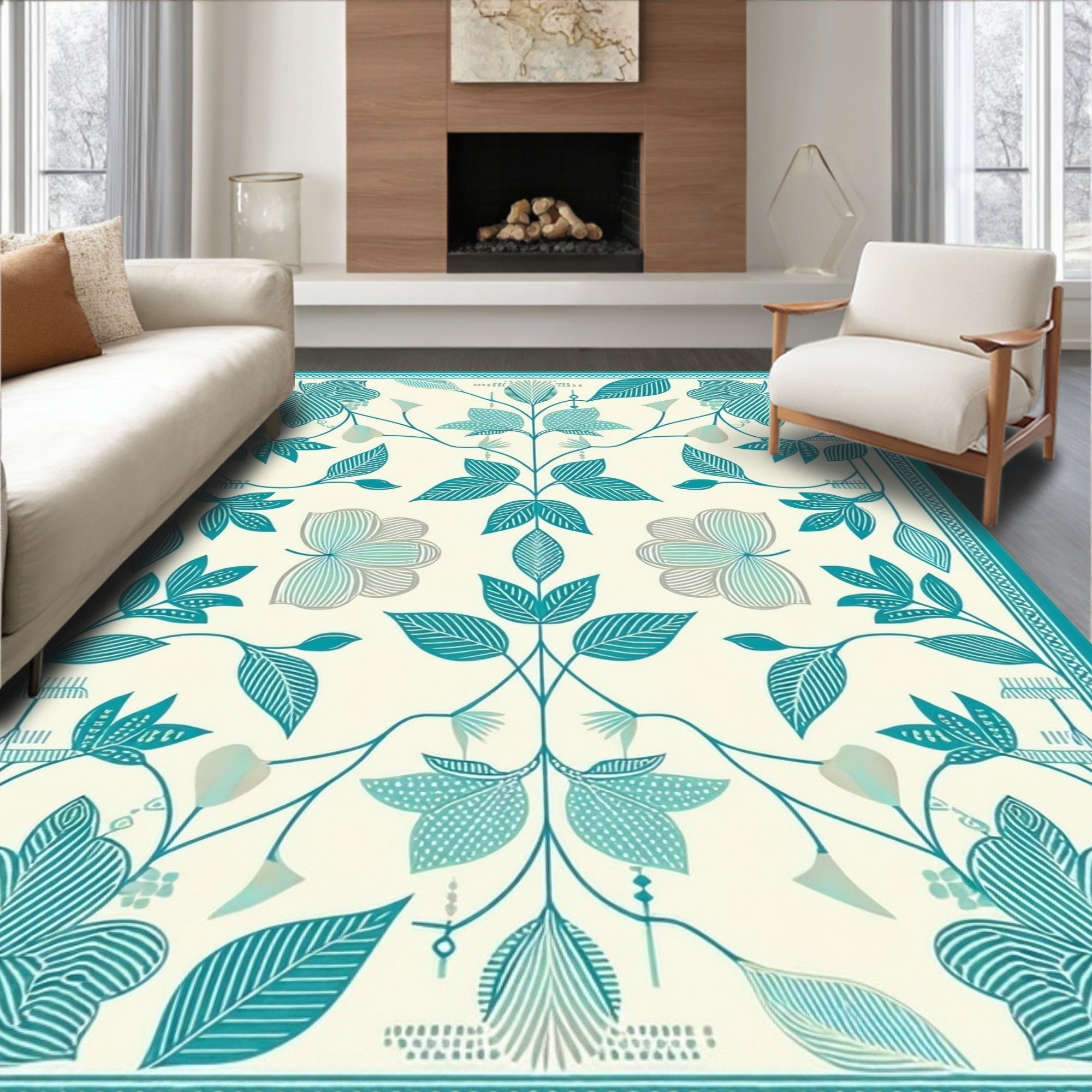 Teal Floral Botanical Pattern Rug